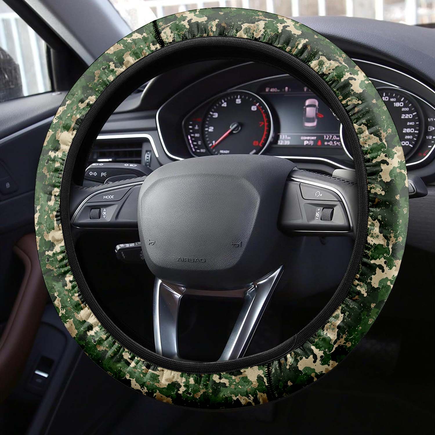 Car Steering Wheel Cover Update Version, Green Camo Camouflage Custom-Fit for Car, Premium Leather Car Steering Wheel Cover , Car Accessories, Camo 10