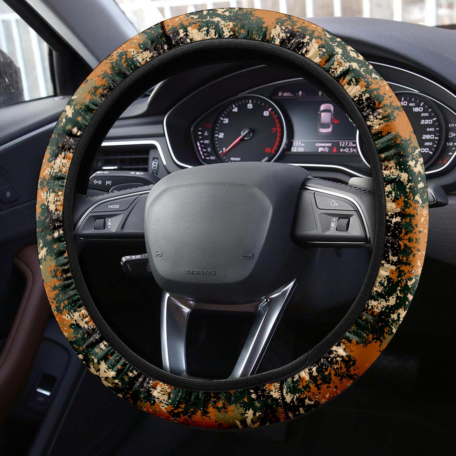 Car Steering Wheel Cover Update Version, Orange And Green Camo Camouflage Custom-Fit for Car, Premium Leather Car Steering Wheel Cover , Car Accessories, Camo 09 - Delicate Leather