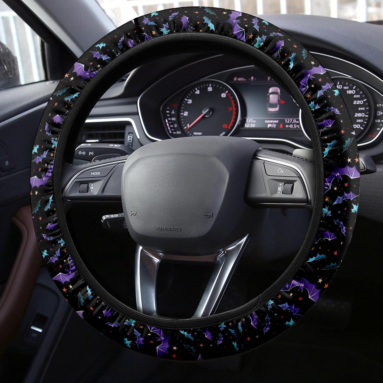 Happy Halloween Car Steering Wheel Cover Update Version, Bats Swarm Custom-Fit for Car, Premium Leather Car Steering Wheel Cover , Car Accessories, Halloween 01