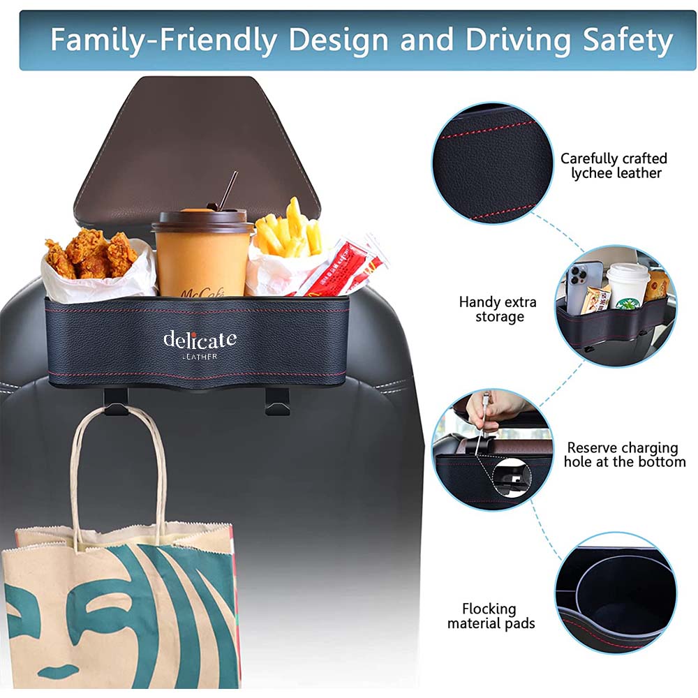 Car Headrest Backseat Organizer with Cup Holders, Custom For Your Cars, Seat Back Organizer Perfect for Eating in Your Car, Back Seat Organizer for Kids, Car Food Table or Sauce Holder, Car Accessories JG11994 - Delicate Leather