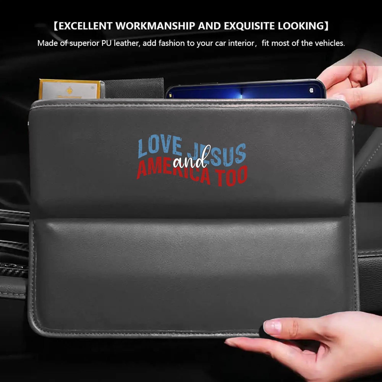 Love Jesus And America Too Car Seat Gap Filler Organizer, Custom-Fit For Car, Multifunctional PU Leather Console Side Pocket Organizer for Cellphones, Cards, Wallets, Keys, Retro 4th of July 05 - Delicate Leather