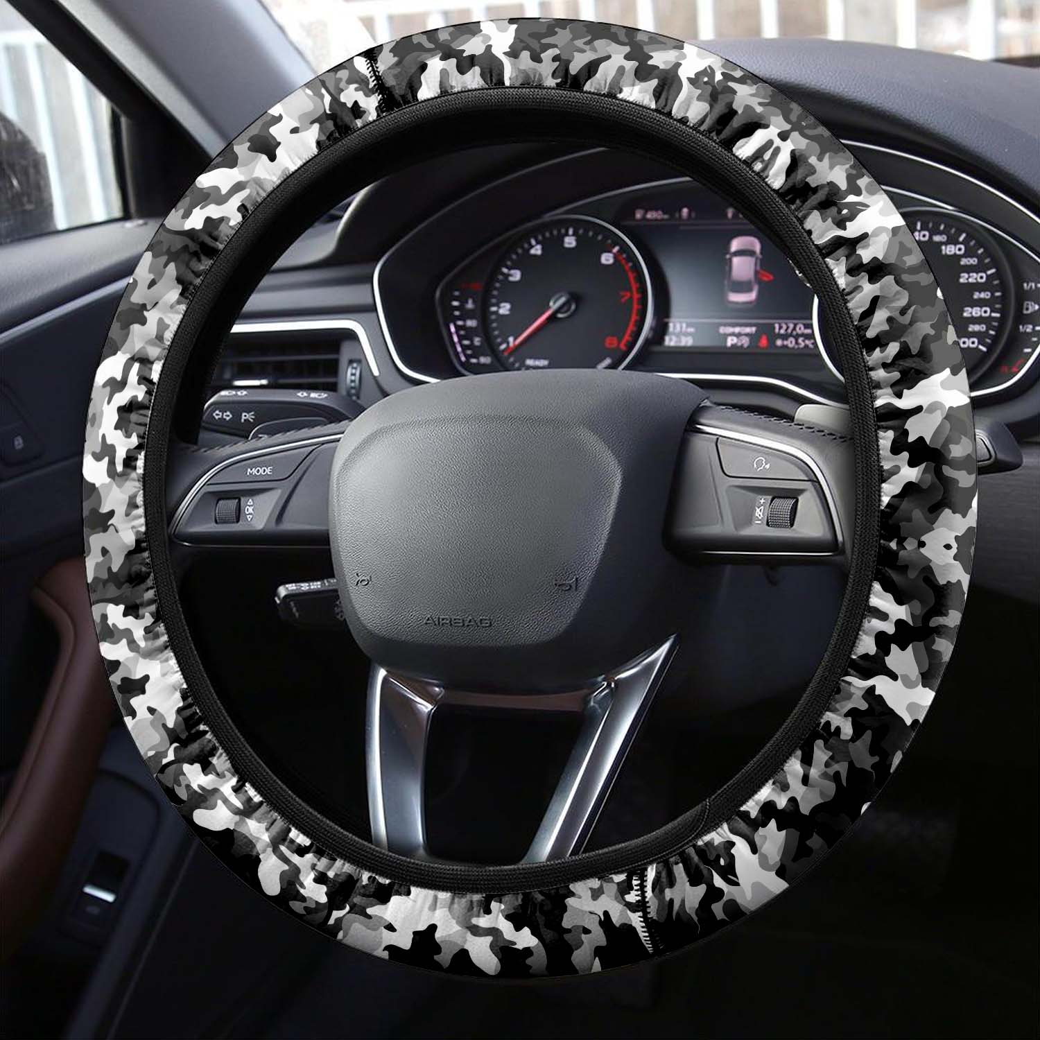Car Steering Wheel Cover Update Version, White And Gray Camo Camouflage Custom-Fit for Car, Premium Leather Car Steering Wheel Cover , Car Accessories, Camo 03 - Delicate Leather