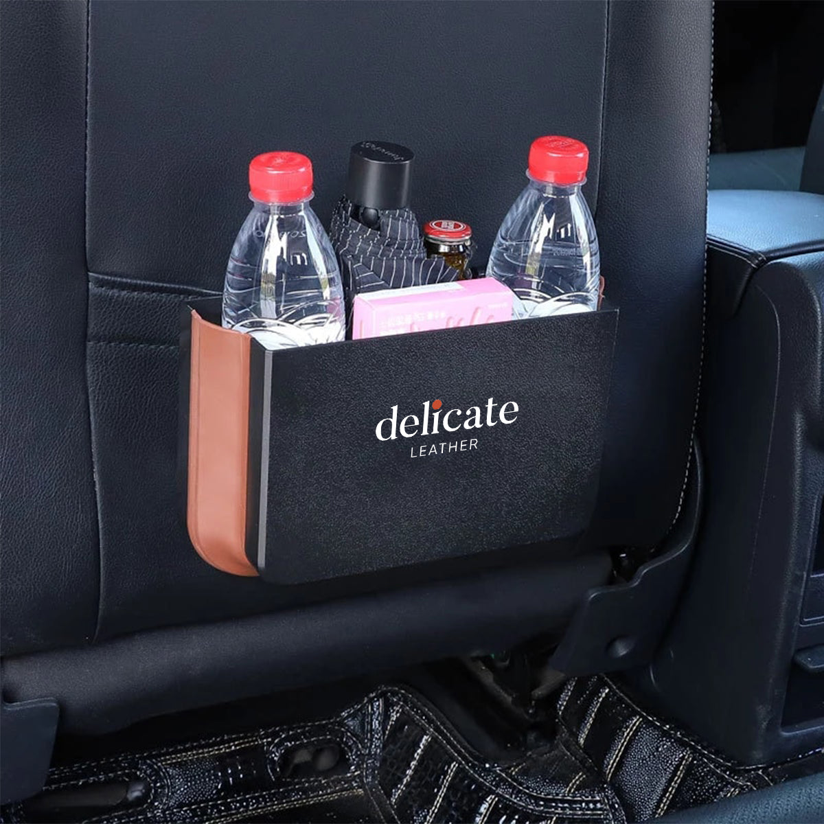 Delicate Leather Hanging Waterproof Car Trash can-Foldable, Custom For Your Cars, Waterproof, and Equipped with Cup Holders and Trays. Multi-Purpose, Car Accessories CC11992 - Delicate Leather