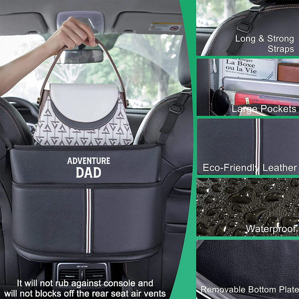Car Purse Holder for Car Handbag Holder Between Seats Premium PU Leather, Happy Father' s Day, Adventure Dad, Custom Fit For Your Cars, Auto Driver Or Passenger Accessories Organizer, Hanging Car Purse Storage Pocket Back, Gift for Daddy - Delicate Leather