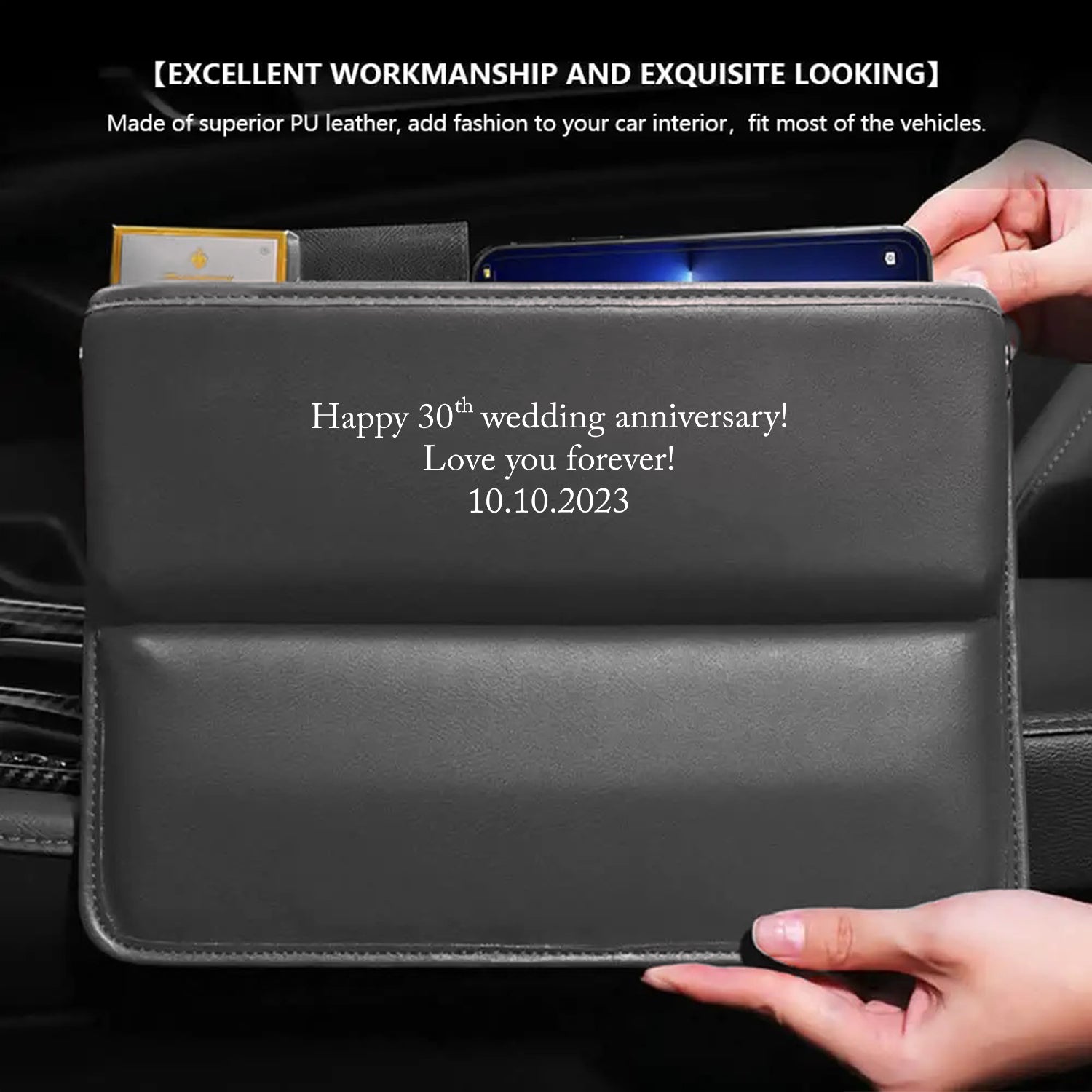 Personalized Anniversary Date Car Seat Gap Filler Organizer, Happy Anniversary Car Seat Gap Filler ,Custom-Fit For Car, Multifunctional PU Leather Console Side Pocket Organizer for Cellphones, Cards, Wallets, Keys, Anniversary For Wife Husband 11 - Delicate Leather