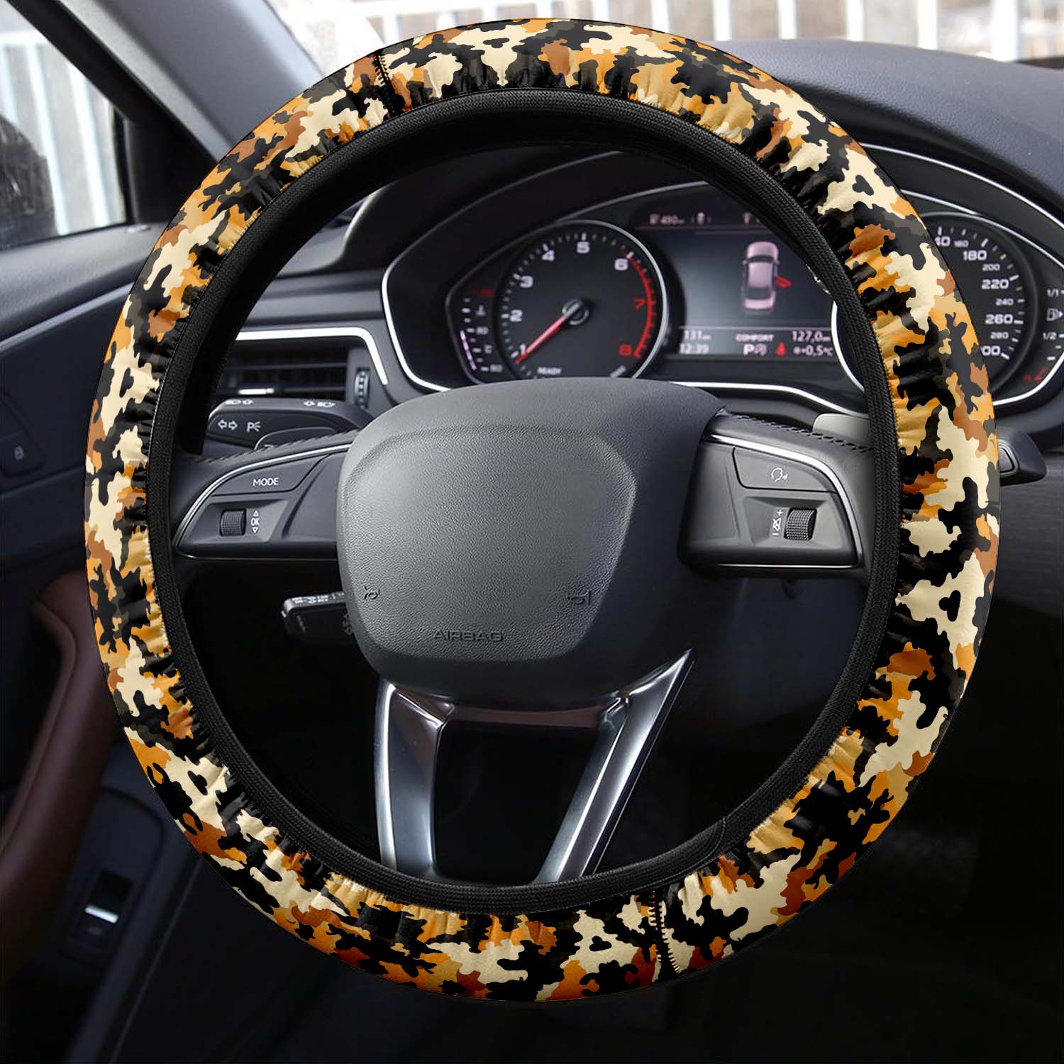 Car Steering Wheel Cover Update Version, Yellow and Black Camo Camouflage Custom-Fit for Car, Premium Leather Car Steering Wheel Cover , Car Accessories, Camo 11
