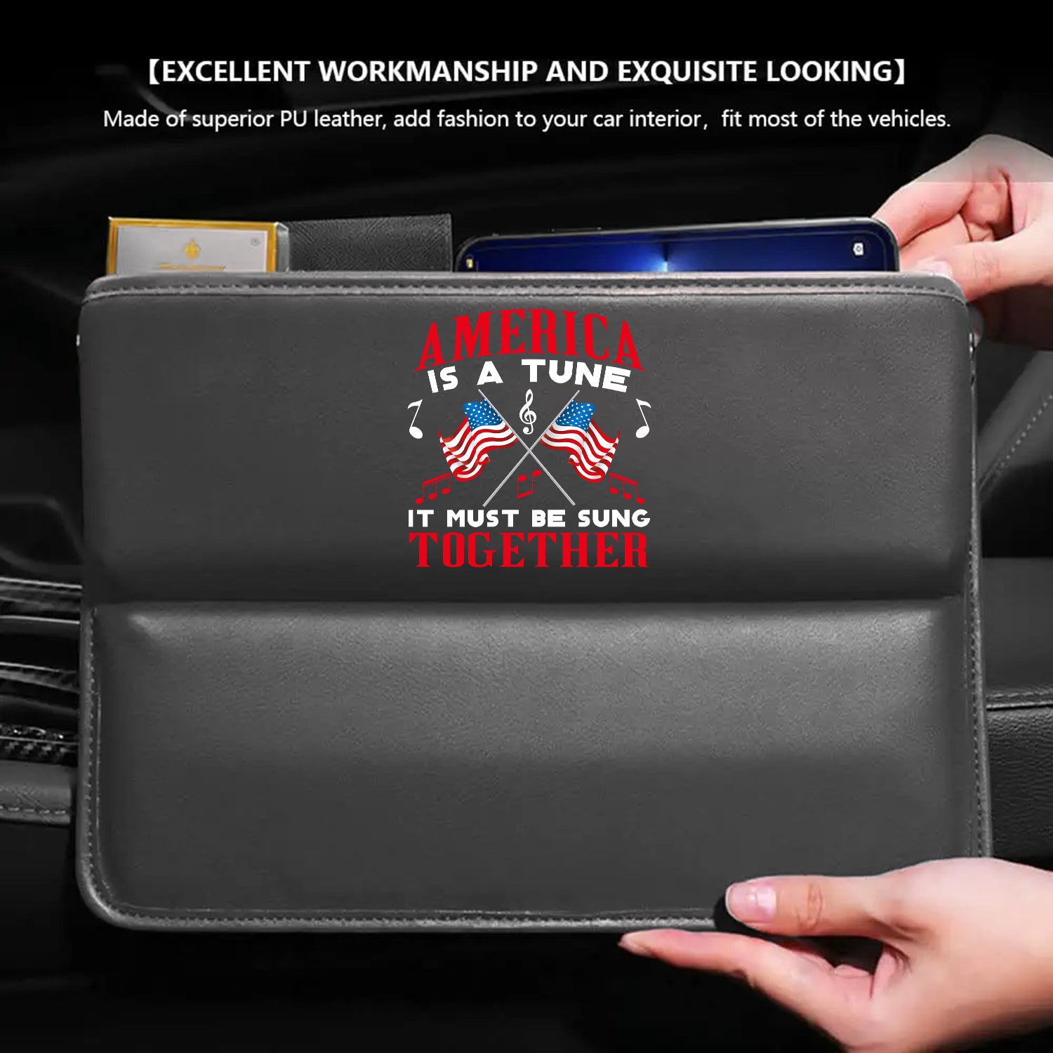 America Is A Tune Car Seat Gap Filler Organizer, Custom-Fit For Car, Multifunctional PU Leather Console Side Pocket Organizer for Cellphones, Cards, Wallets, Key, 4th of July 08 - Delicate Leather