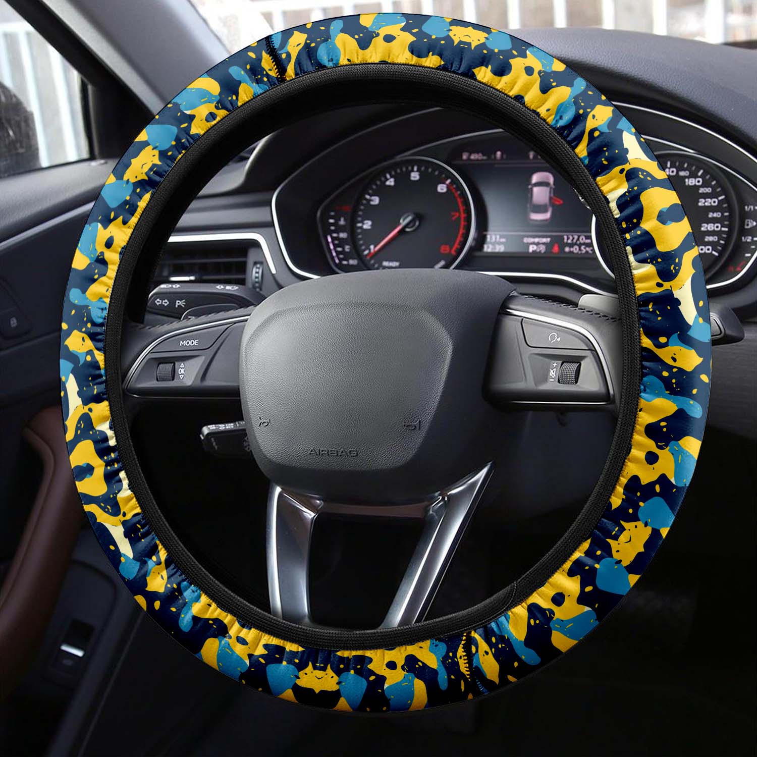 Car Steering Wheel Cover Update Version, Blue and Yellow Camo Camouflage Custom-Fit for Car, Premium Leather Car Steering Wheel Cover , Car Accessories, Camo 15 - Delicate Leather