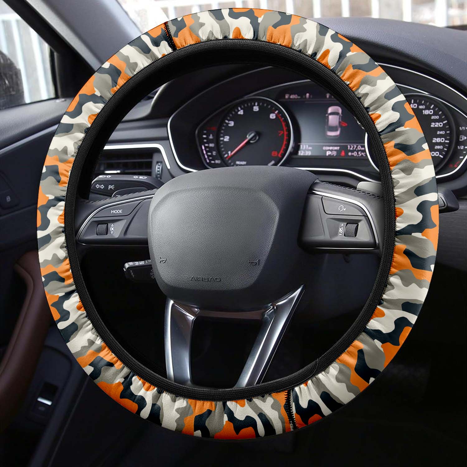 Car Steering Wheel Cover Update Version, Orange And Gray Camo Camouflage Custom-Fit for Car, Premium Leather Car Steering Wheel Cover , Car Accessories, Camo 01