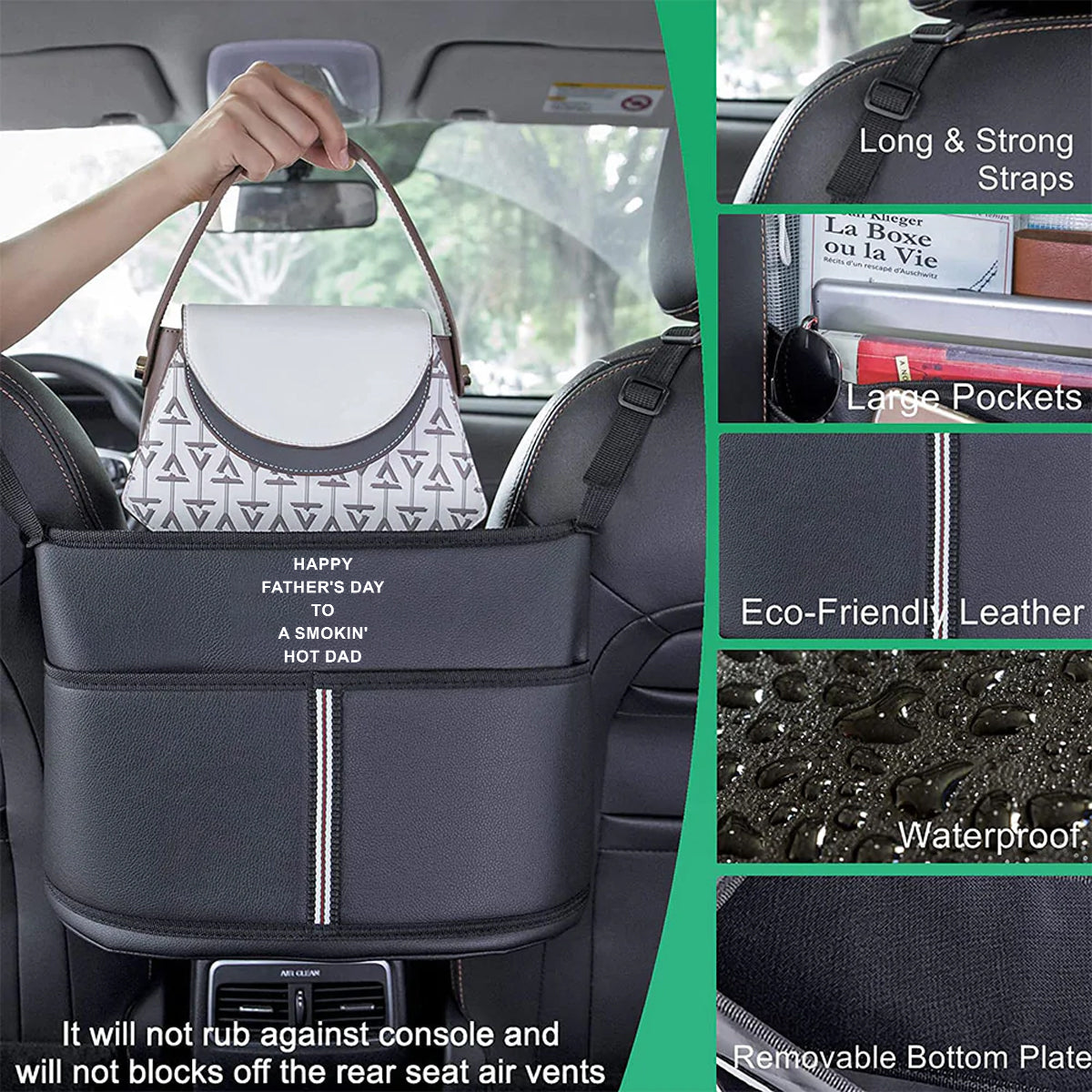 Happy Father's Day to a Smokin' Hot Dad Car Purse Holder for Car Handbag Holder Between Seats Premium PU Leather, Custom Fit For Your Cars, Auto Driver Or Passenger Accessories Organizer, Hanging Car Purse Storage Pocket Back, Gift for Daddy