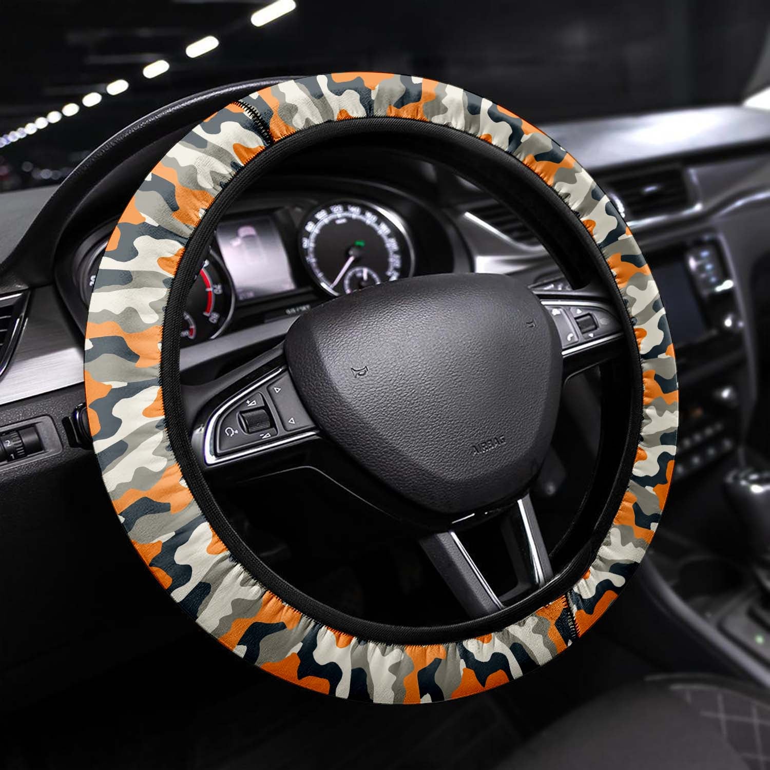 Car Steering Wheel Cover Update Version, Orange And Gray Camo Camouflage Custom-Fit for Car, Premium Leather Car Steering Wheel Cover , Car Accessories, Camo 01