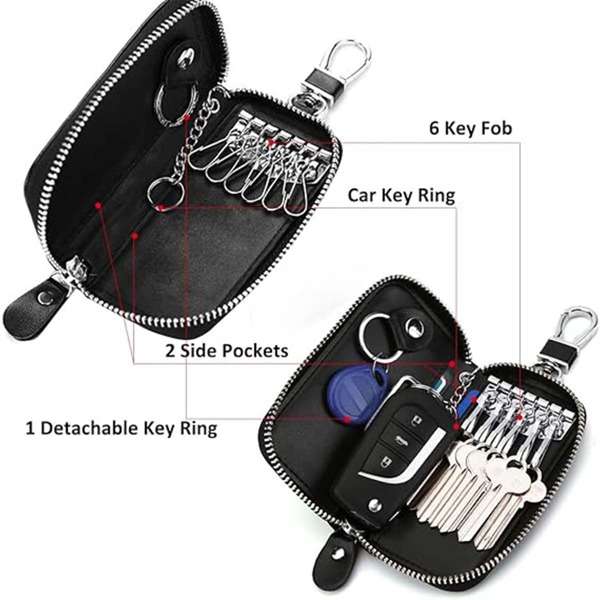 Custom fit for Car Gender-Neutral Luxury Leather Key Holder Wallet with 6 Hooks and Zipper Closure for Car Keys - Delicate Leather