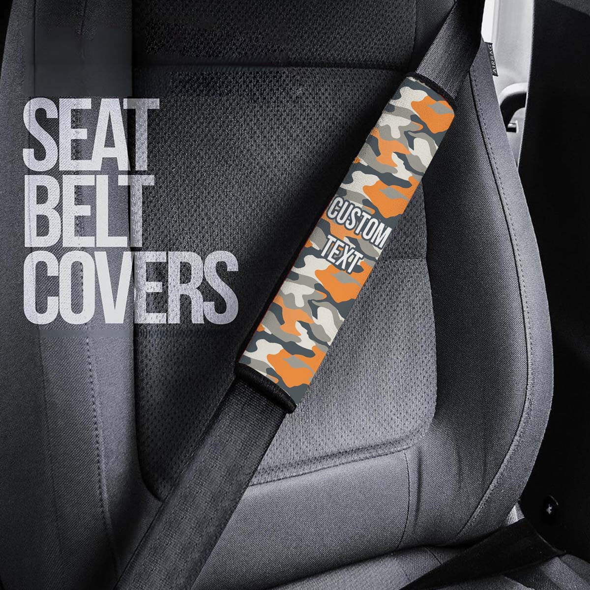 Personalized Custom Camo Seat Belt Covers (2PCS) Orange and Gray Camouflage, Microfiber Leather Seat Belt Shoulder Pads for More Comfortable Driving, Camo 01 - Delicate Leather