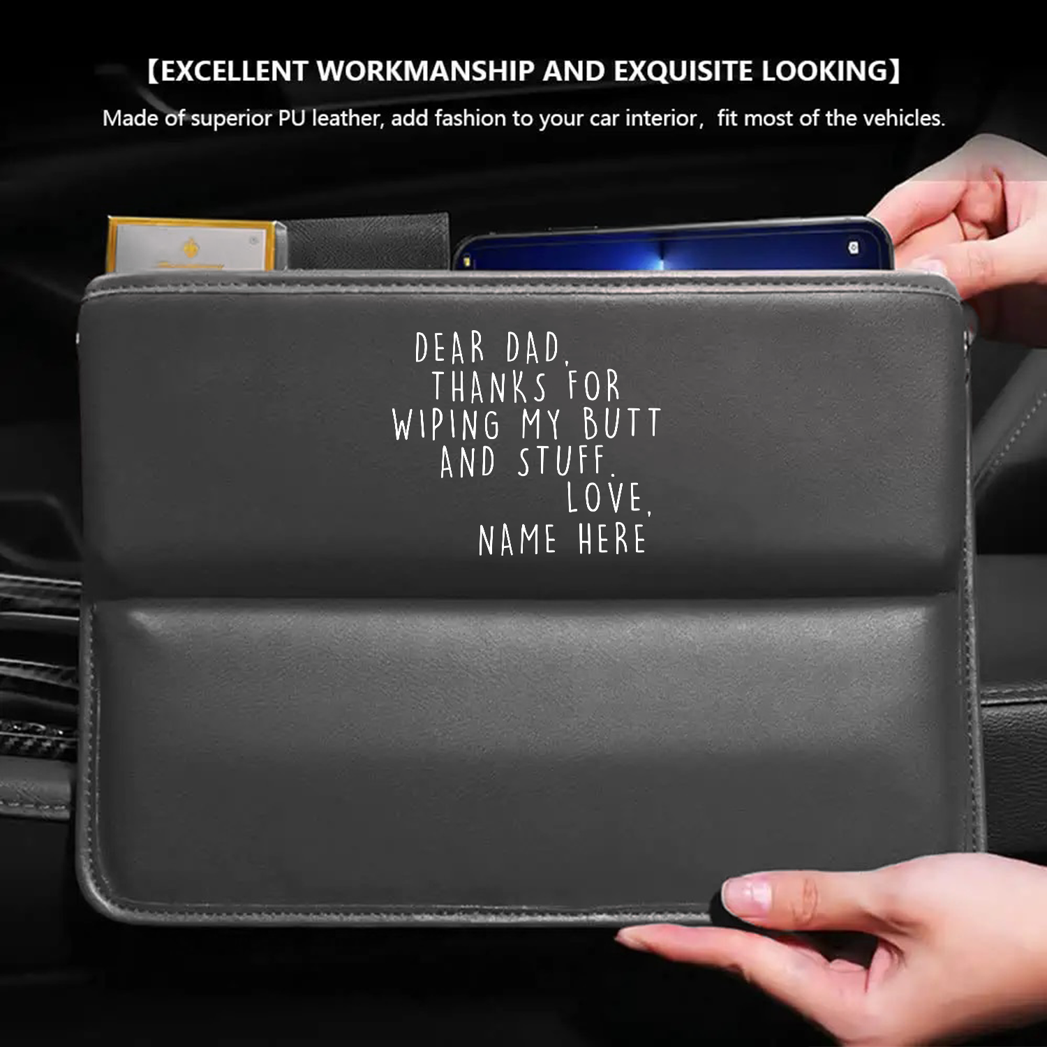 Personalized Car Seat Gap Filler Organizer, Happy Father's Day, Custom FIt For Your Cars, Multifunctional PU Leather Console Side Pocket Organizer for Cellphones, Cards, Wallets, Keys, Gift for Daddy - Delicate Leather