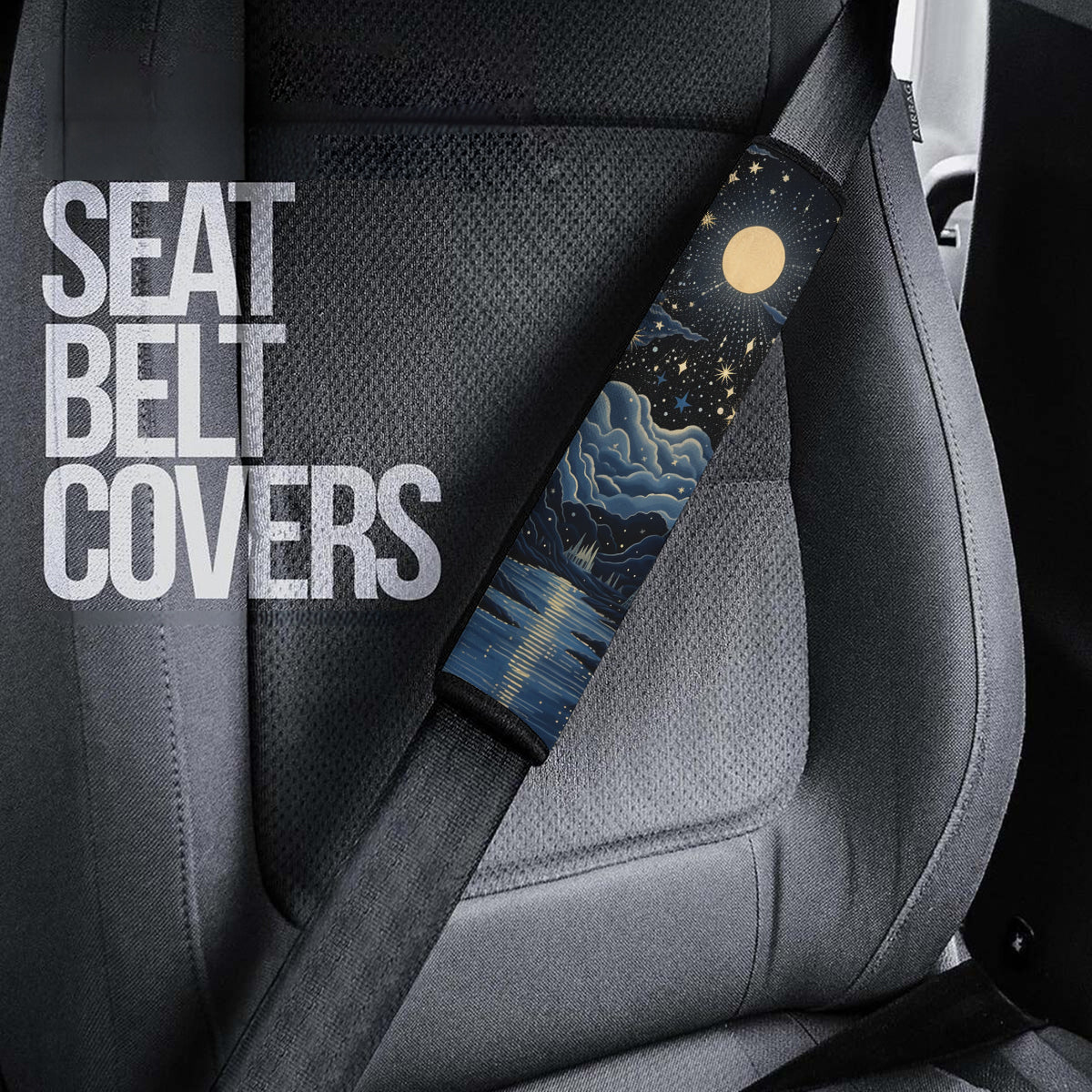 Starry Night Galaxy Seat Belt Covers (2PCS) , Microfiber Leather Seat Belt Shoulder Pads for More Comfortable Driving, Moon And Stars 04 - Delicate Leather