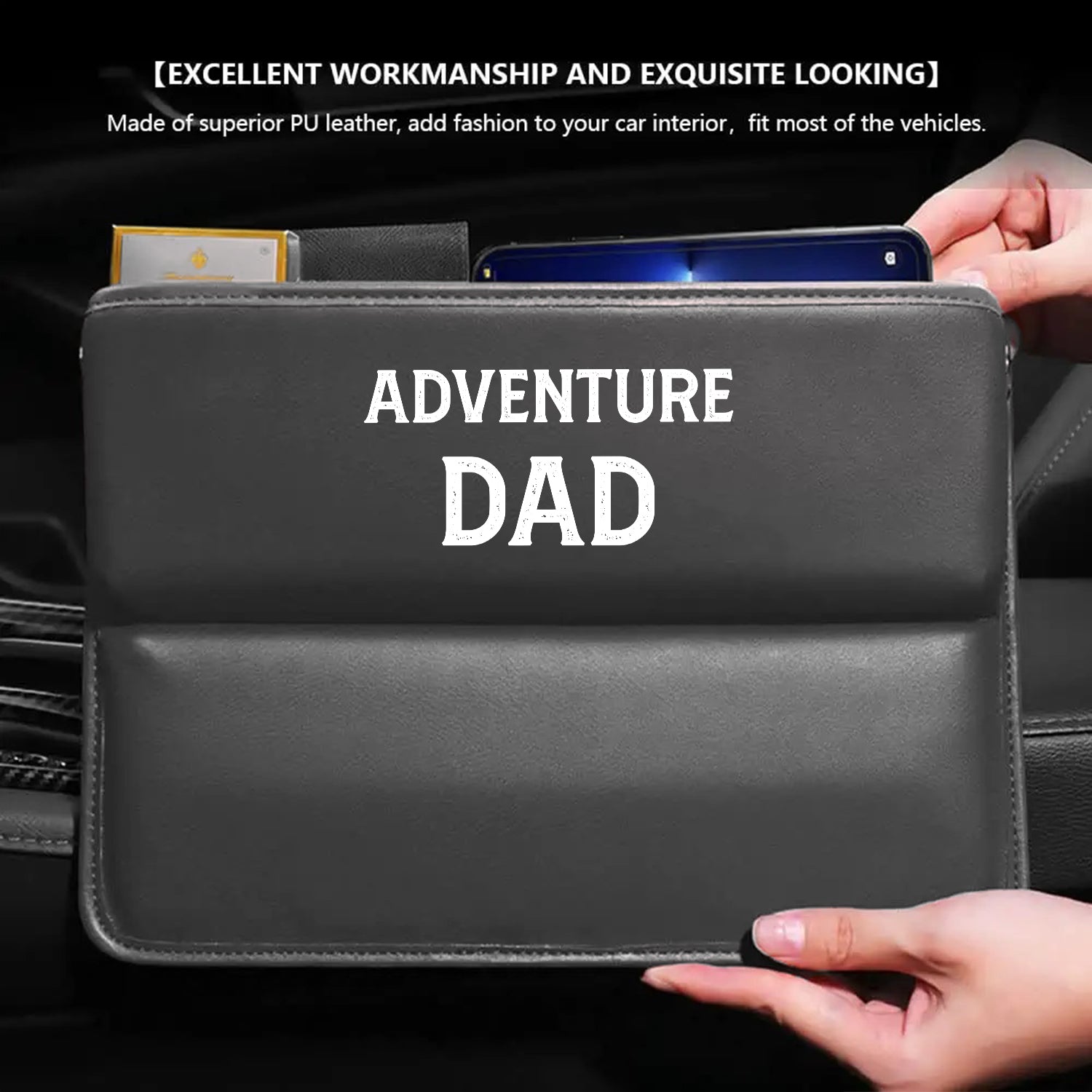 Car Seat Gap Filler Organizer, Custom FIt For Your Cars,Happy Father' s Day, Adventure Dad Multifunctional PU Leather Console Side Pocket Organizer for Cellphones, Cards, Wallets, Keys,Gift for Daddy - Delicate Leather