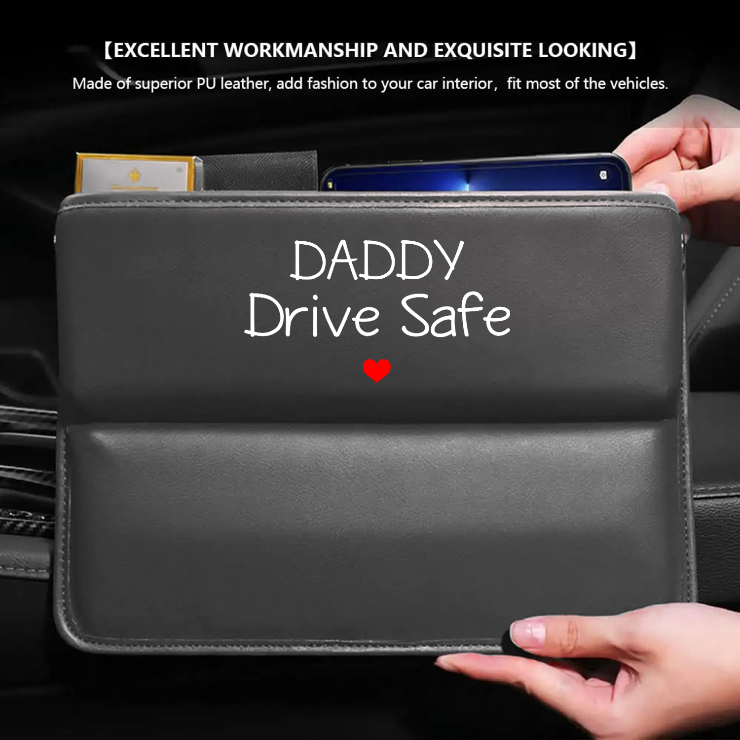 Car Seat Gap Filler Organizer, Custom FIt For Your Cars, Daddy Drive Safe, Multifunctional PU Leather Console Side Pocket Organizer for Cellphones, Cards, Wallets, Keys, Gift for Daddy - Delicate Leather