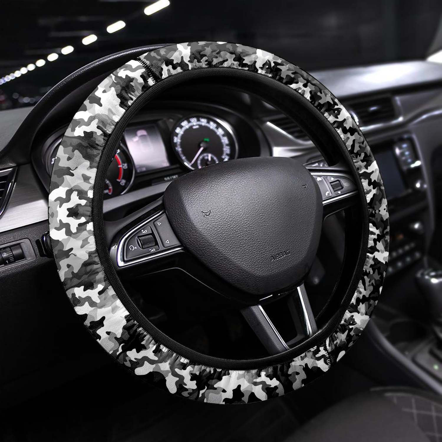 Car Steering Wheel Cover Update Version, White And Gray Camo Camouflage Custom-Fit for Car, Premium Leather Car Steering Wheel Cover , Car Accessories, Camo 03 - Delicate Leather