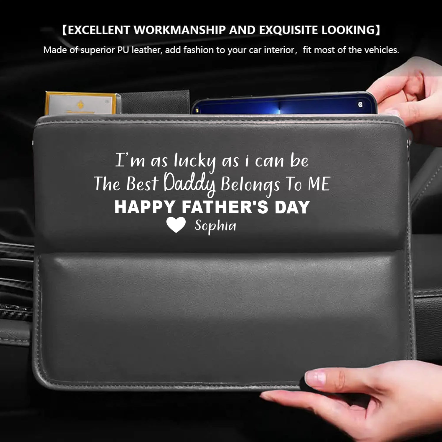 Personalized Car Seat Gap Filler Organizer, Happy Father's Day, Custom FIt For Your Cars, Multifunctional PU Leather Console Side Pocket Organizer for Cellphones, Cards, Wallets, Keys, Gift for Daddy - Delicate Leather