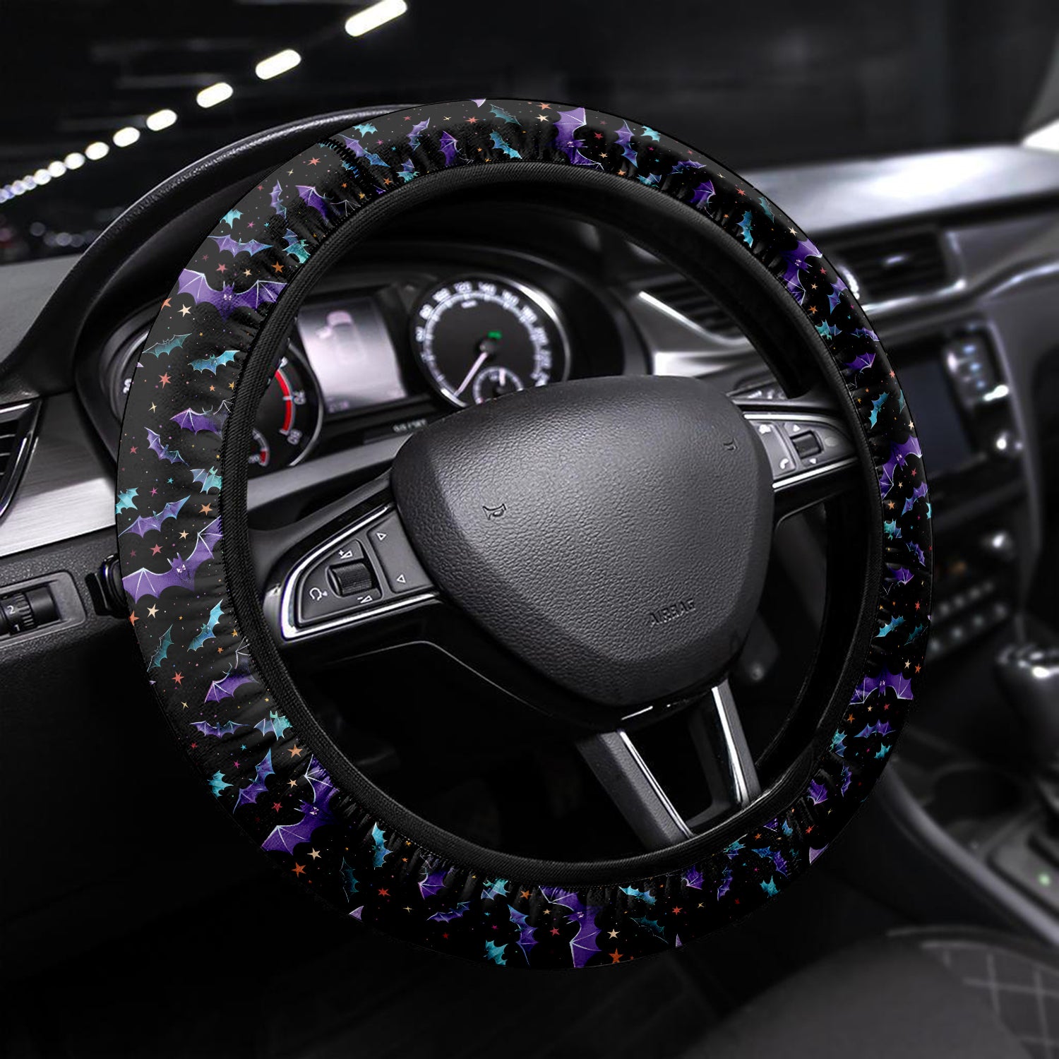 Happy Halloween Car Steering Wheel Cover Update Version, Bats Swarm Custom-Fit for Car, Premium Leather Car Steering Wheel Cover , Car Accessories, Halloween 01