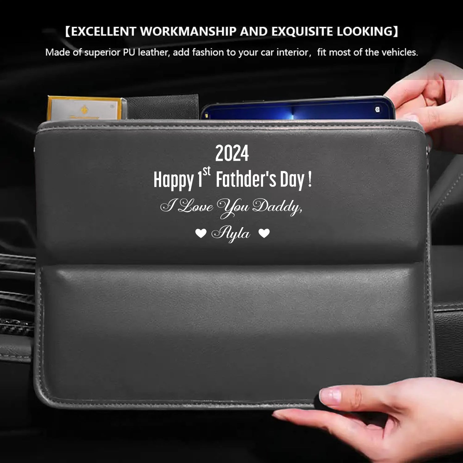 Personalized Car Seat Gap Filler Organizer, I Love You Daddy, Happy Father's Day, Custom FIt For Your Cars, Multifunctional PU Leather Console Side Pocket Organizer for Cellphones, Cards, Wallets, Keys, Gift for Daddy - Delicate Leather