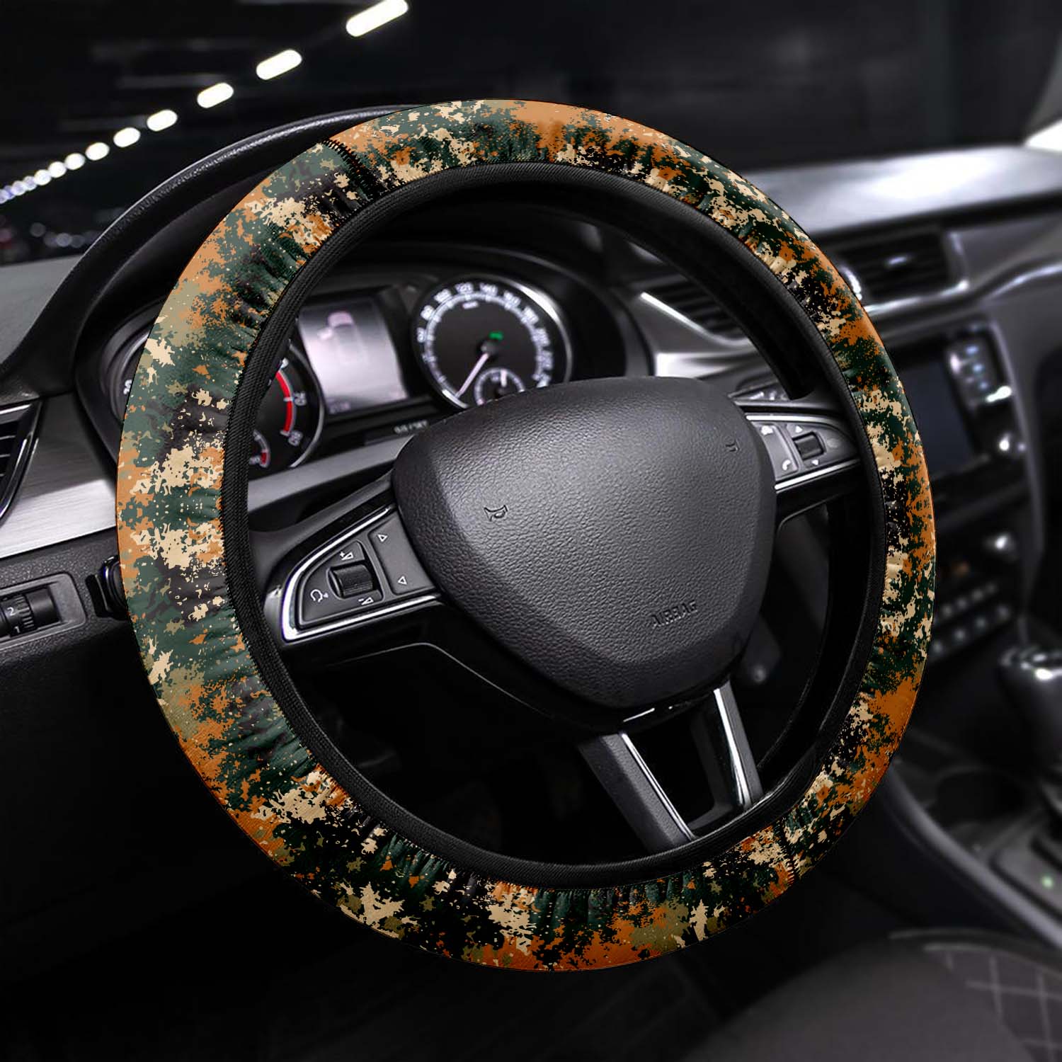 Car Steering Wheel Cover Update Version, Orange And Green Camo Camouflage Custom-Fit for Car, Premium Leather Car Steering Wheel Cover , Car Accessories, Camo 09 - Delicate Leather