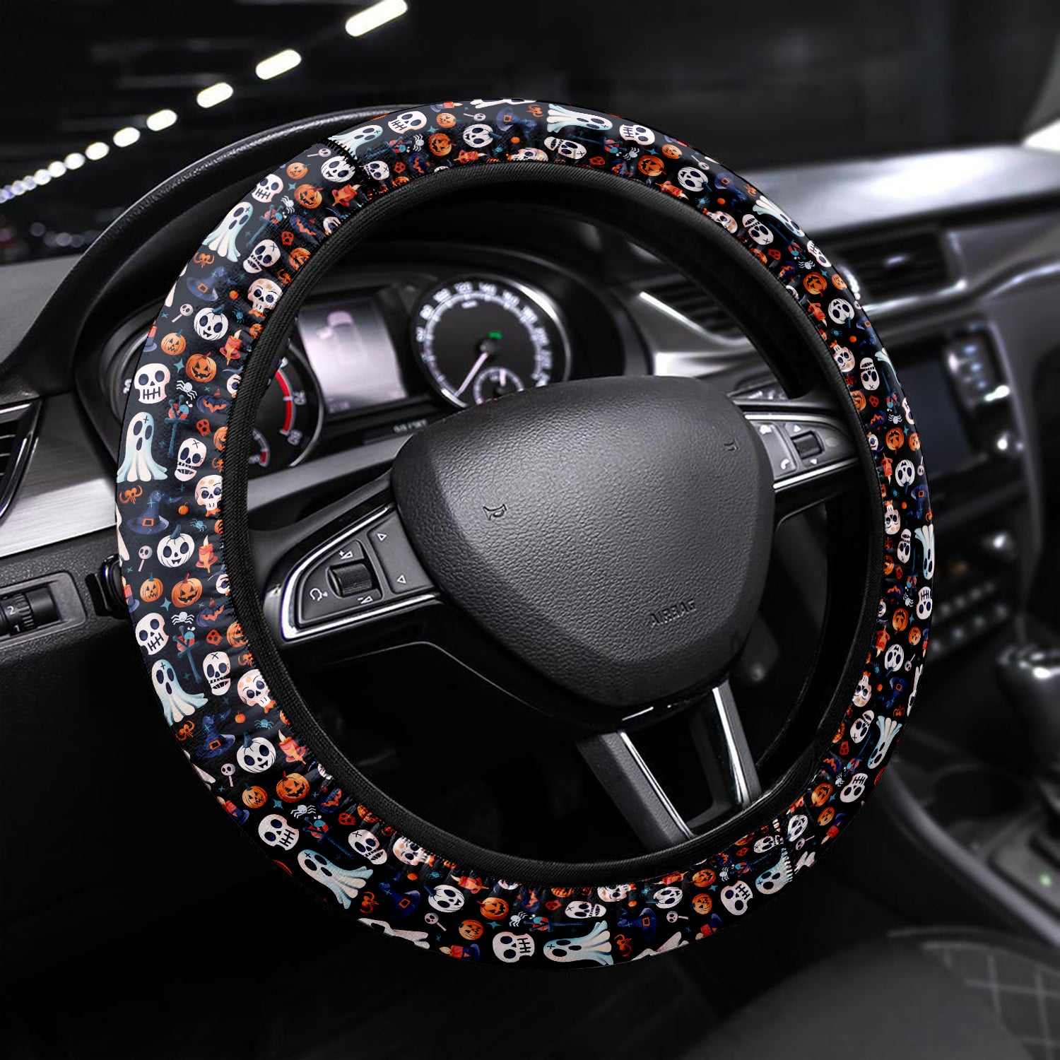 Happy Halloween Car Steering Wheel Cover Update Version, Cute Doodle Ghost Custom-Fit for Car, Premium Leather Car Steering Wheel Cover , Car Accessories, Halloween 08
