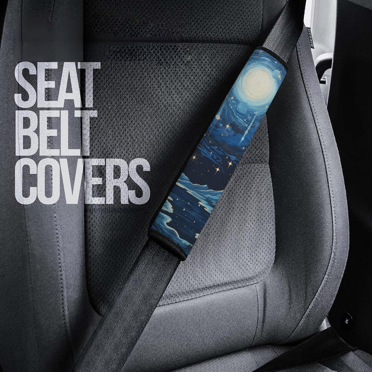 Starry Night Galaxy Seat Belt Covers (2PCS) , Microfiber Leather Seat Belt Shoulder Pads for More Comfortable Driving, Moon And Stars 02 - Delicate Leather