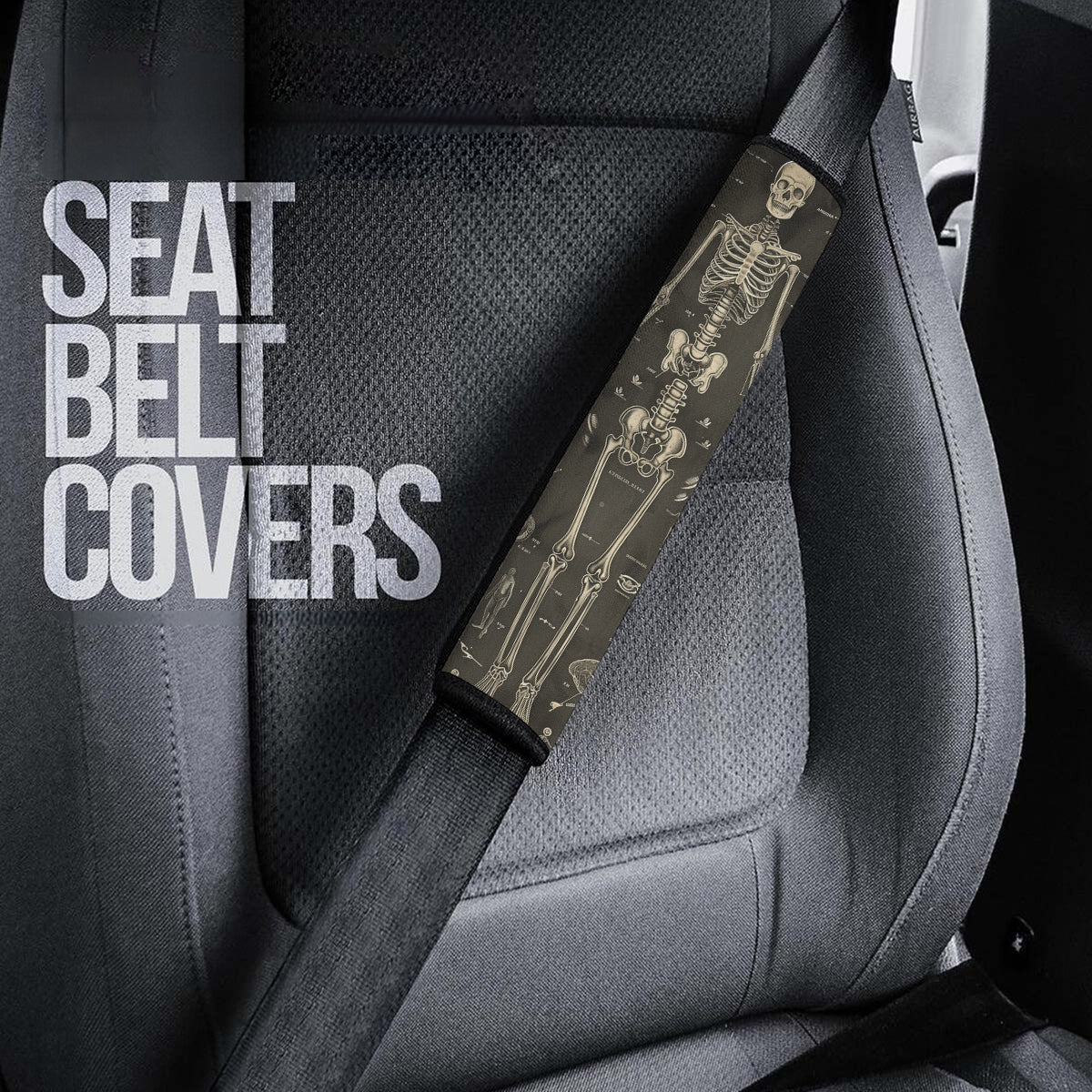 Happy Halloween Seat Belt Covers (2PCS) , Black Gothic Human Bones and Anatomy Microfiber Leather Seat Belt Shoulder Pads for More Comfortable Driving, Halloween 06