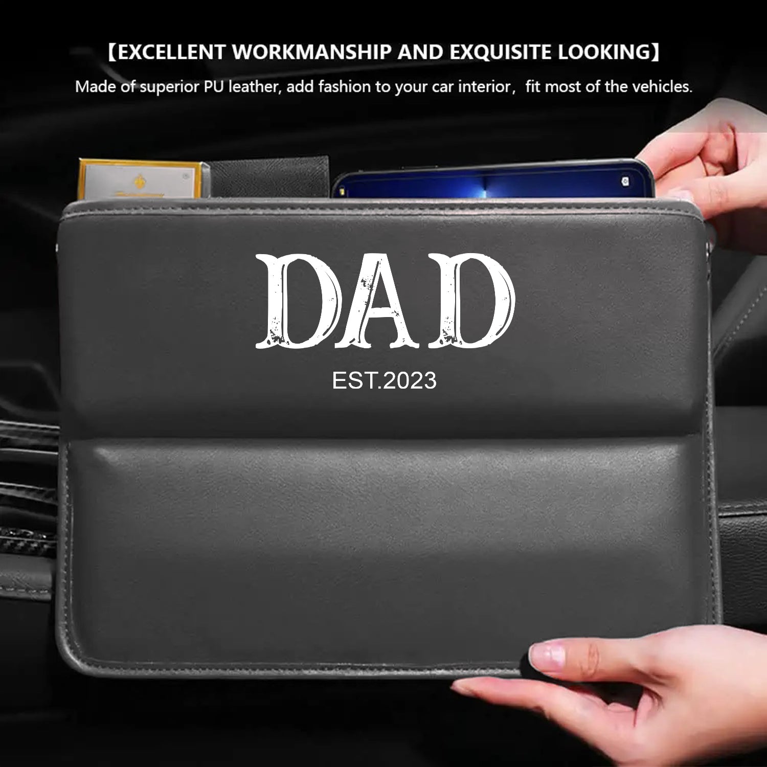 Personalized Car Seat Gap Filler Organizer, Daddy Est Year, Happy Father's Day, Custom FIt For Your Cars, Multifunctional PU Leather Console Side Pocket Organizer for Cellphones, Cards, Wallets, Keys, Gift for Daddy - Delicate Leather