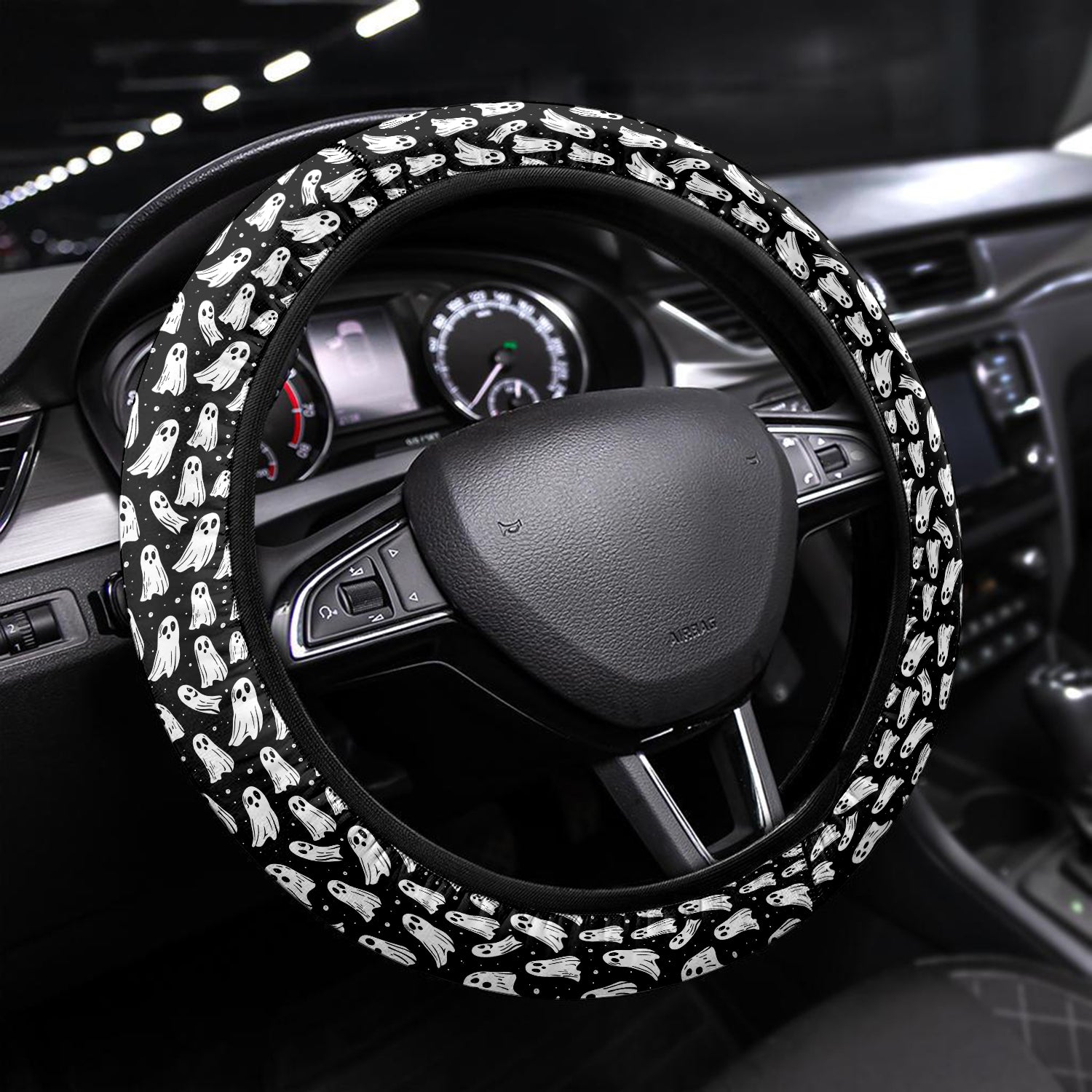 Happy Halloween Car Steering Wheel Cover Update Version, Cute Doodle Ghost Custom-Fit for Car, Premium Leather Car Steering Wheel Cover , Car Accessories, Halloween 03 - Delicate Leather