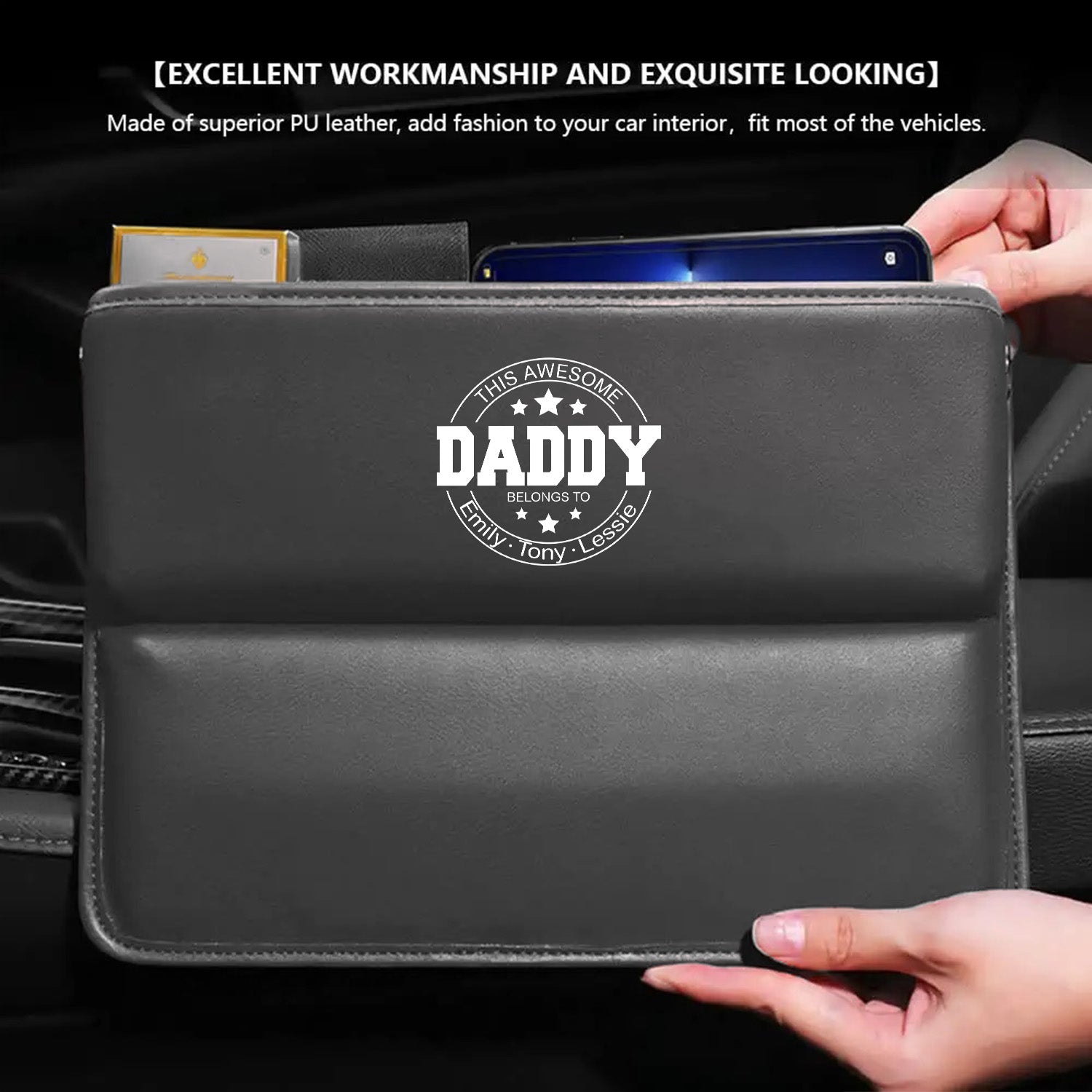 Personalized Car Seat Gap Filler Organizer, Happy Father's Day, Custom FIt For Your Cars, Multifunctional PU Leather Console Side Pocket Organizer for Cellphones, Cards, Wallets, Keys, Gift for Daddy - Delicate Leather