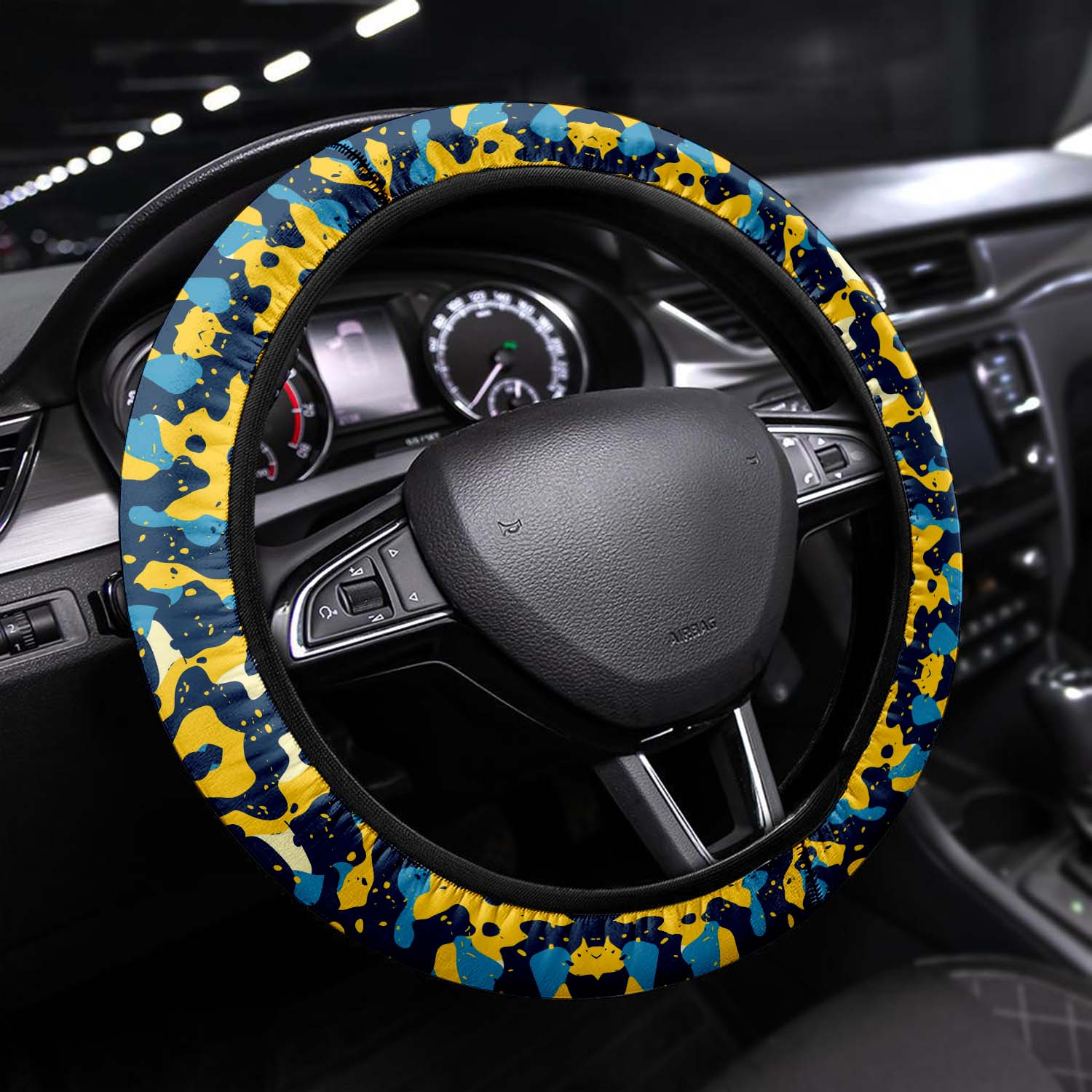 Car Steering Wheel Cover Update Version, Blue and Yellow Camo Camouflage Custom-Fit for Car, Premium Leather Car Steering Wheel Cover , Car Accessories, Camo 15 - Delicate Leather