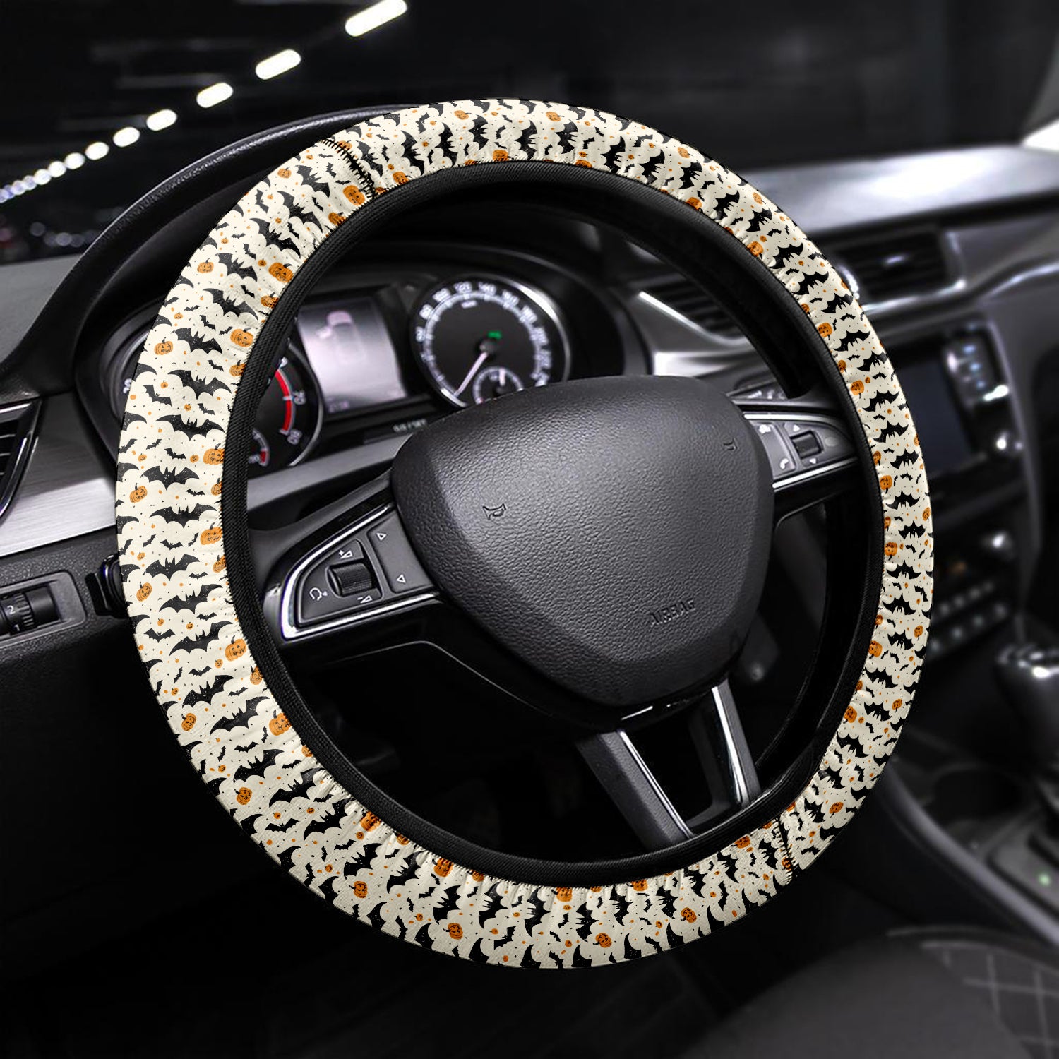 Happy Halloween Car Steering Wheel Cover Update Version, Bats Swarm Custom-Fit for Car, Premium Leather Car Steering Wheel Cover , Car Accessories, Halloween 05