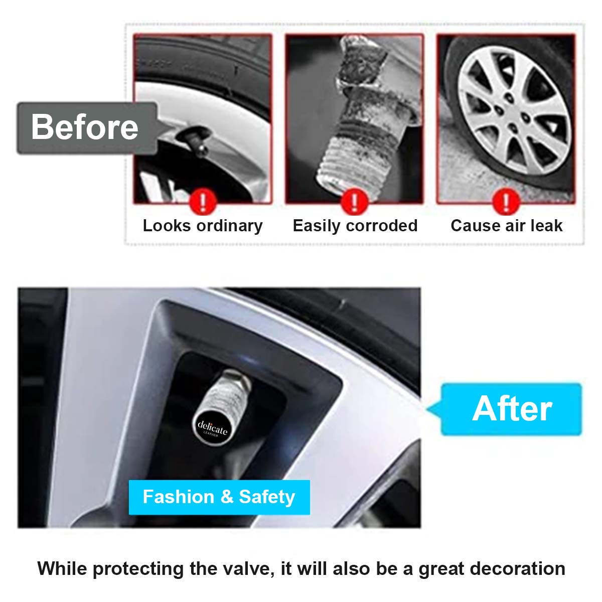 4pcs Car Tire Dust Caps Car Tire Air Caps, Alloy Metal Car Tire Valve Caps for Anti-Corrosion Leak-Proof Screw-on Easy Grip Silver - Delicate Leather