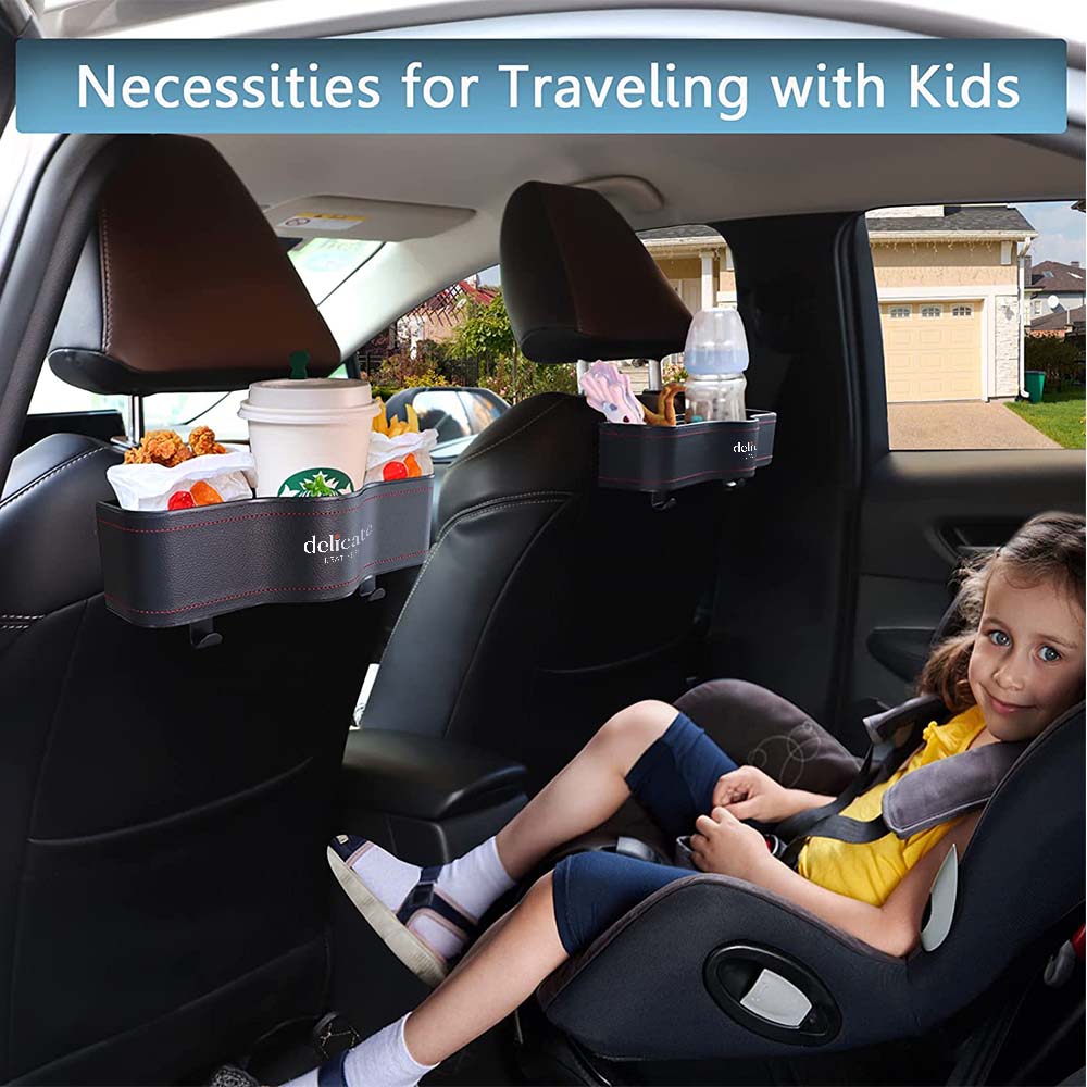 Car Headrest Backseat Organizer with Cup Holders, Custom For Your Cars, Seat Back Organizer Perfect for Eating in Your Car, Back Seat Organizer for Kids, Car Food Table or Sauce Holder, Car Accessories JG11994 - Delicate Leather