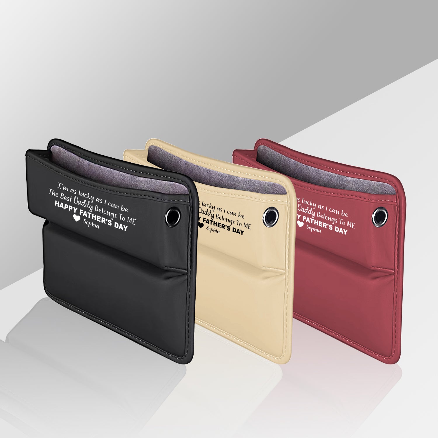 Personalized Car Seat Gap Filler Organizer, Happy Father's Day, Custom FIt For Your Cars, Multifunctional PU Leather Console Side Pocket Organizer for Cellphones, Cards, Wallets, Keys, Gift for Daddy - Delicate Leather