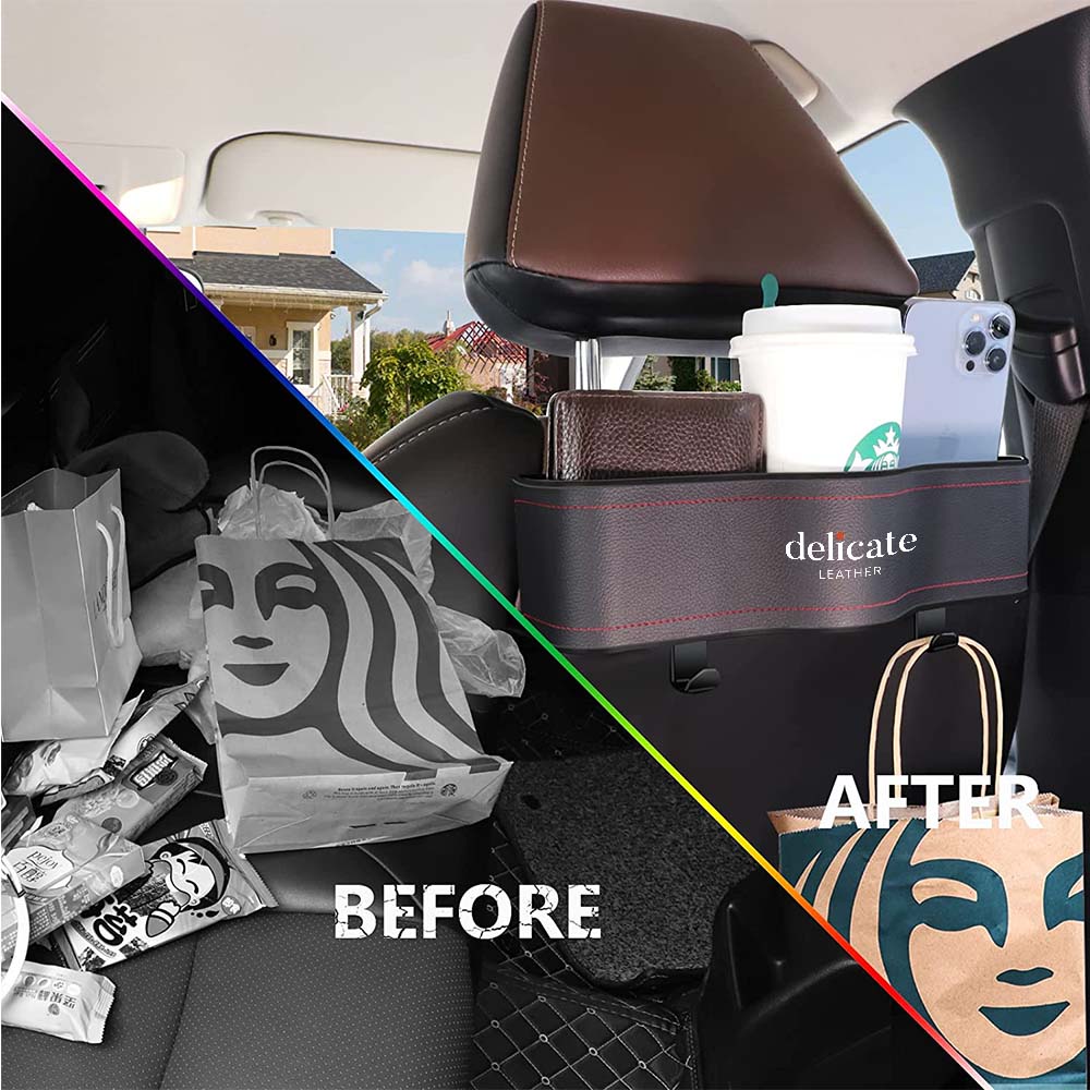 Car Headrest Backseat Organizer with Cup Holders, Custom For Your Cars, Seat Back Organizer Perfect for Eating in Your Car, Back Seat Organizer for Kids, Car Food Table or Sauce Holder, Car Accessories JG11994 - Delicate Leather