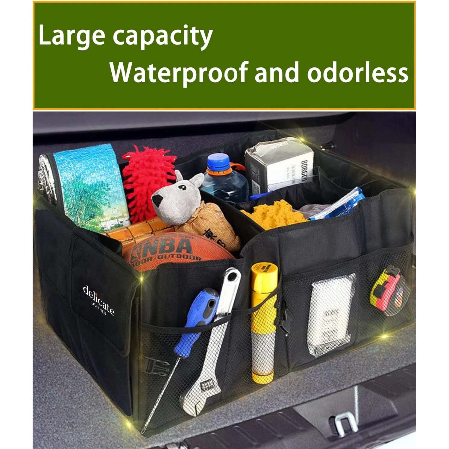 Delicate Leather Car Trunk Organizer, Custom For Cars, Foldable Car Trunk Storage Box, Storage Bag, Waterproof, Dust-proof, Stain-Resistant, Car Accessories HA12997 - Delicate Leather