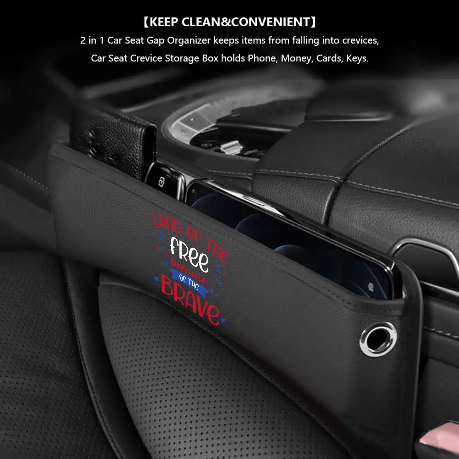 Land Of The Free, Because Of Brave Car Seat Gap Filler Organizer, Custom For All Cars, Multifunctional Pu Leather Console Side Pocket Organizer For Cellphones, Cards, Wallets, Keys, Retro 4th of July 03 - Delicate Leather