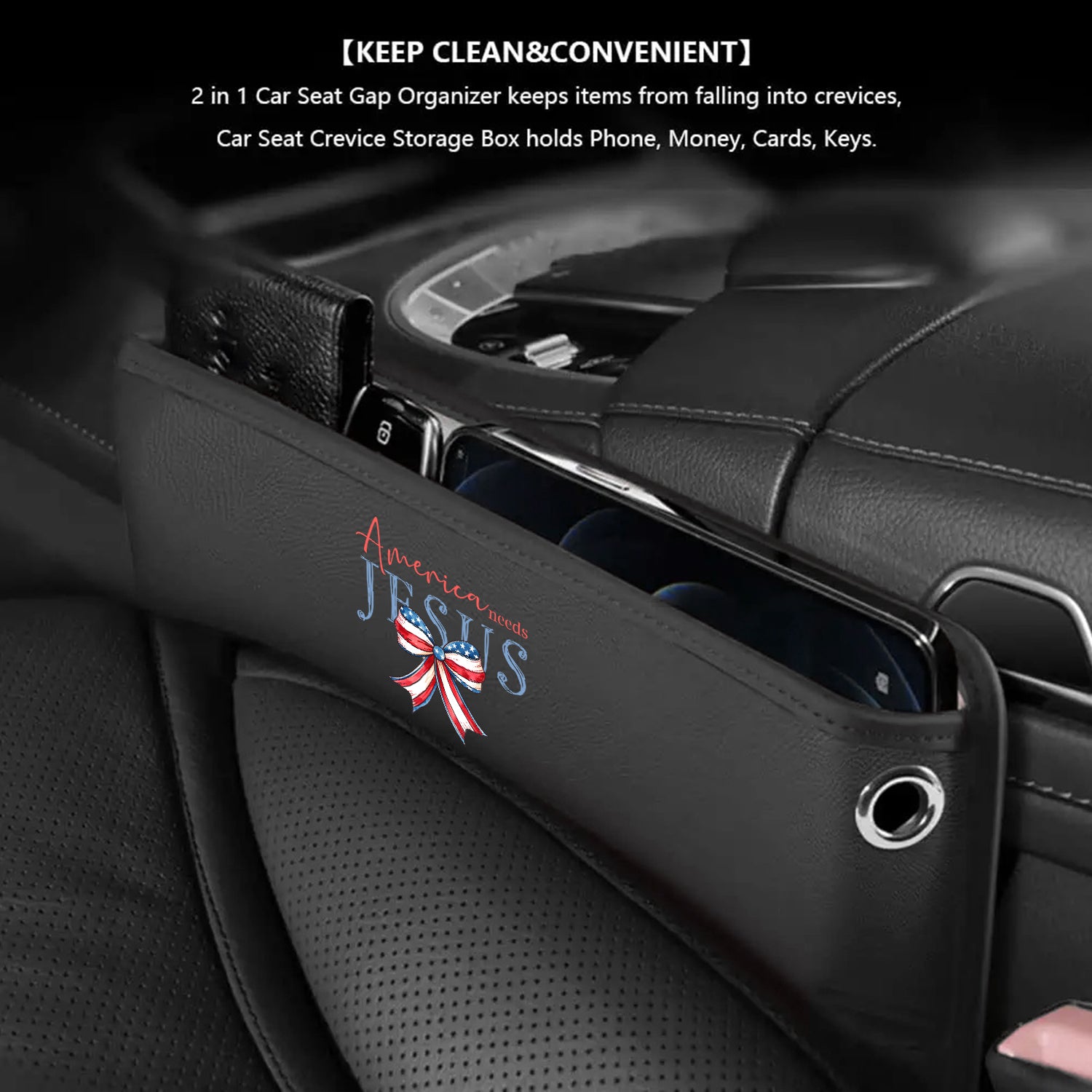America Needs Jesus Car Seat Gap Filler Organizer, Custom For All Cars, Multifunctional Pu Leather Console Side Pocket Organizer For Cellphones, Cards, Wallets, Keys, Retro 4th of July 04 - Delicate Leather