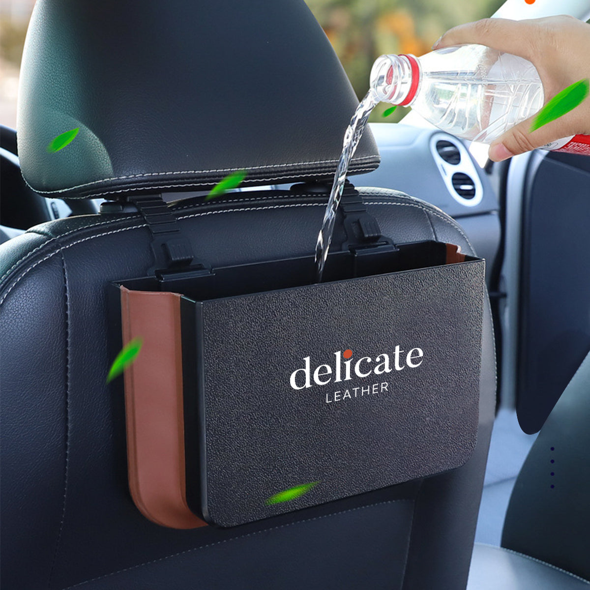 Delicate Leather Hanging Waterproof Car Trash can-Foldable, Custom For Your Cars, Waterproof, and Equipped with Cup Holders and Trays. Multi-Purpose, Car Accessories CC11992