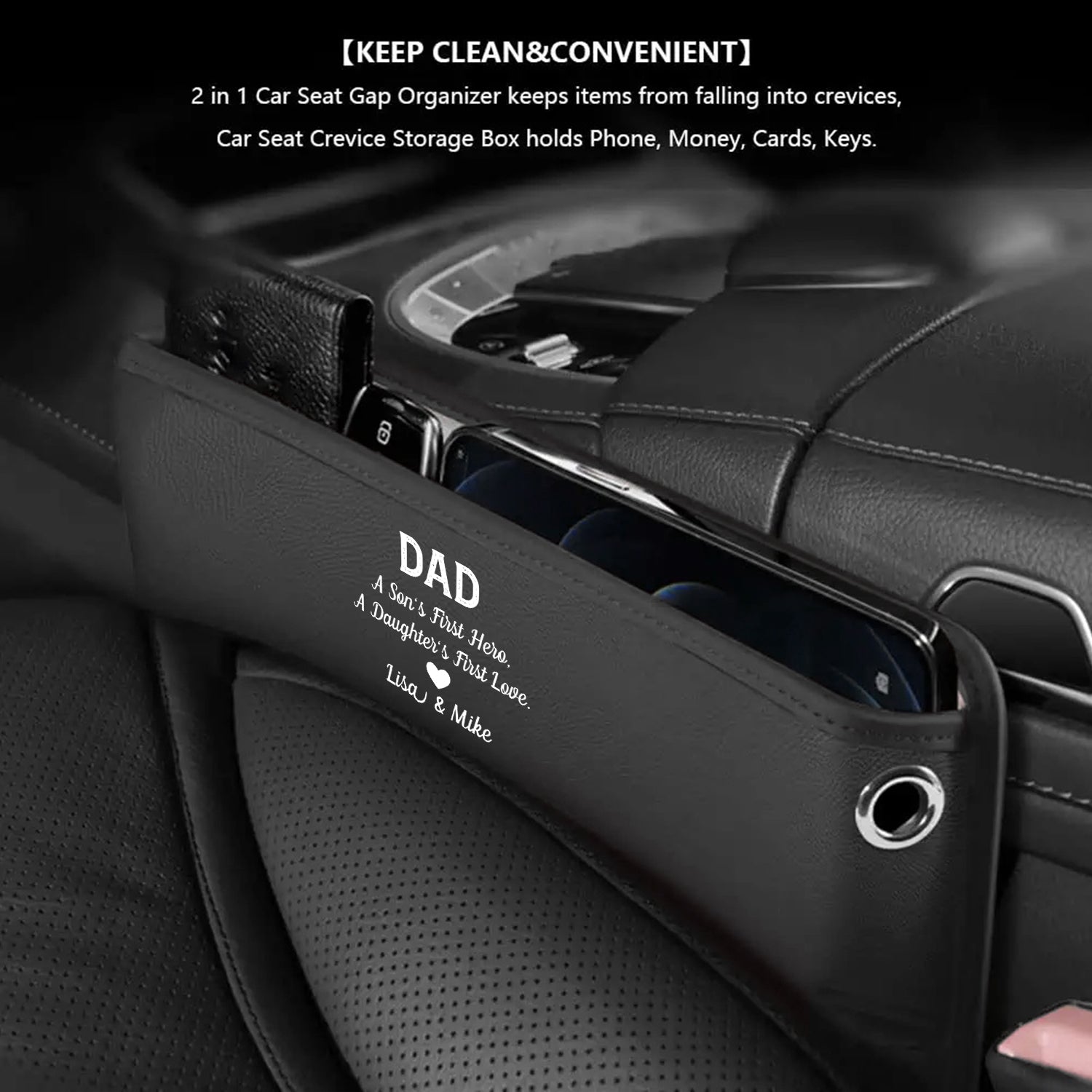 Personalized Car Seat Gap Filler Organizer, Happy Father's Day, Custom FIt For Your Cars, Multifunctional PU Leather Console Side Pocket Organizer for Cellphones, Cards, Wallets, Keys, Gift for Daddy - Delicate Leather