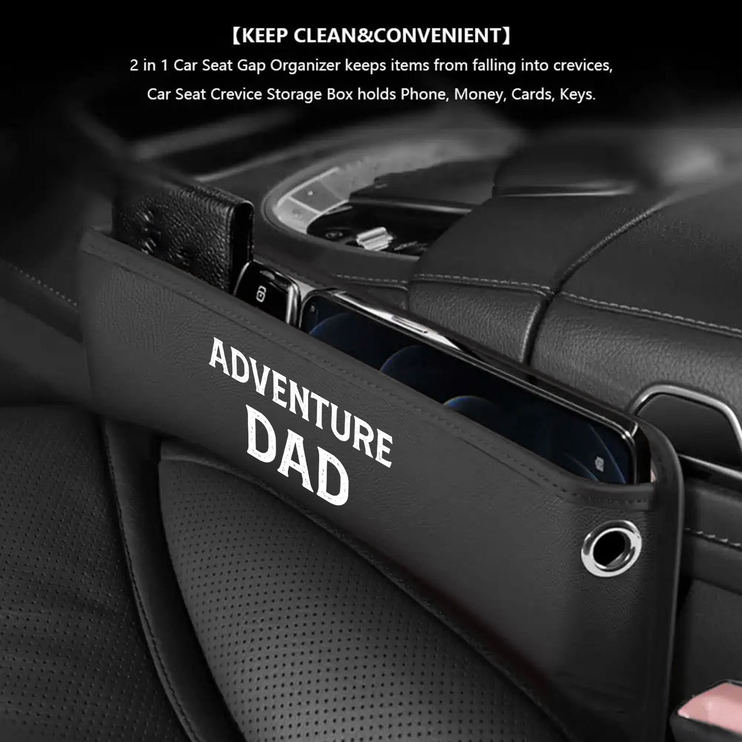 Car Seat Gap Filler Organizer, Custom FIt For Your Cars,Happy Father' s Day, Adventure Dad Multifunctional PU Leather Console Side Pocket Organizer for Cellphones, Cards, Wallets, Keys,Gift for Daddy - Delicate Leather
