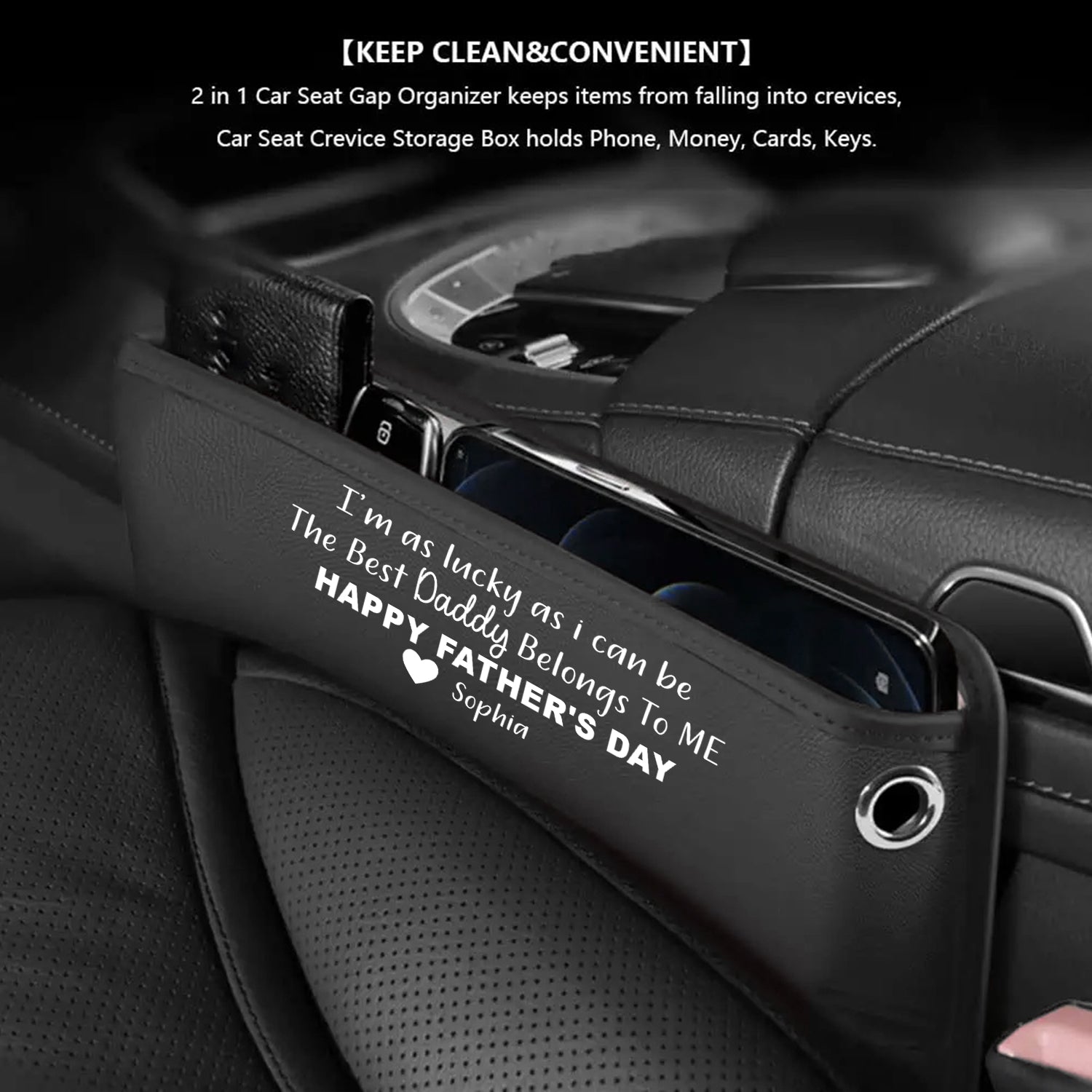 Personalized Car Seat Gap Filler Organizer, Happy Father's Day, Custom FIt For Your Cars, Multifunctional PU Leather Console Side Pocket Organizer for Cellphones, Cards, Wallets, Keys, Gift for Daddy - Delicate Leather
