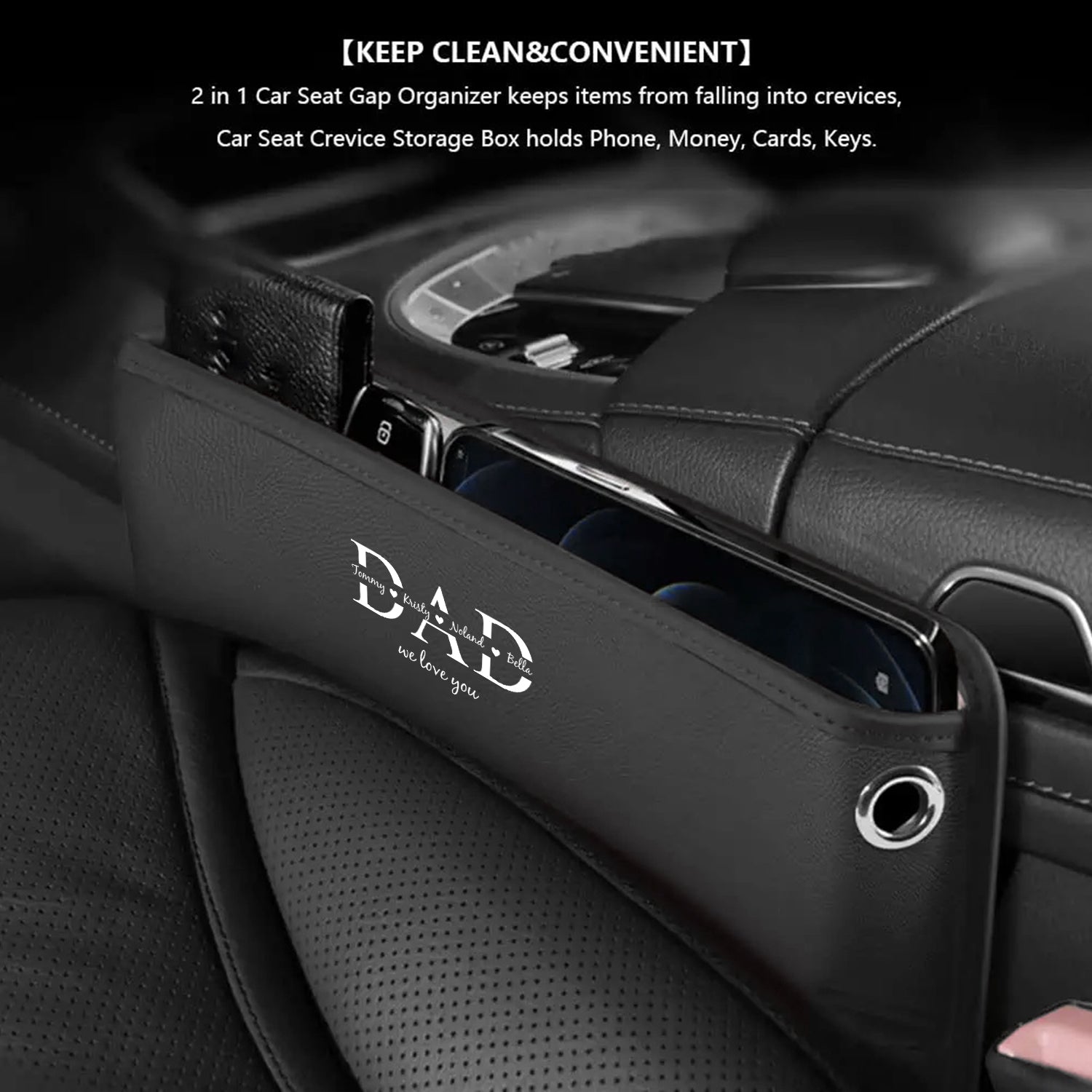 Personalized Car Seat Gap Filler Organizer, Happy Father's Day, Custom FIt For Your Cars, Multifunctional PU Leather Console Side Pocket Organizer for Cellphones, Cards, Wallets, Keys, Gift for Daddy - Delicate Leather