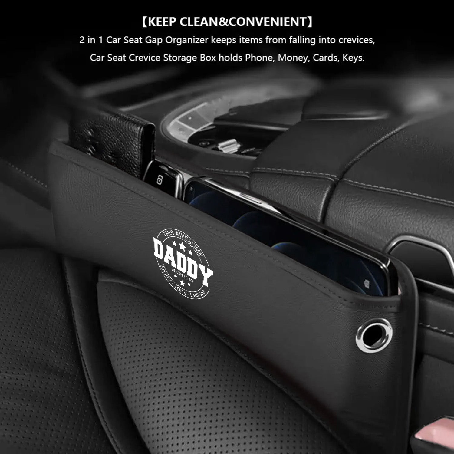 Personalized Car Seat Gap Filler Organizer, Happy Father's Day, Custom FIt For Your Cars, Multifunctional PU Leather Console Side Pocket Organizer for Cellphones, Cards, Wallets, Keys, Gift for Daddy - Delicate Leather