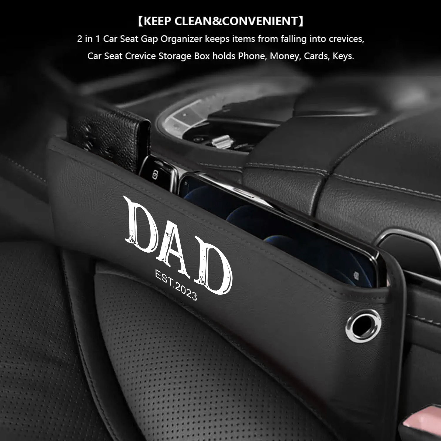 Personalized Car Seat Gap Filler Organizer, Daddy Est Year, Happy Father's Day, Custom FIt For Your Cars, Multifunctional PU Leather Console Side Pocket Organizer for Cellphones, Cards, Wallets, Keys, Gift for Daddy - Delicate Leather