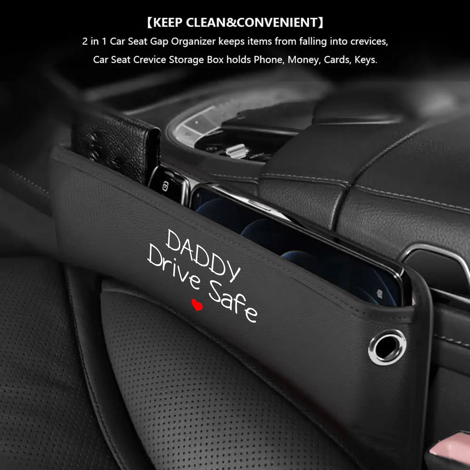 Car Seat Gap Filler Organizer, Custom FIt For Your Cars, Daddy Drive Safe, Multifunctional PU Leather Console Side Pocket Organizer for Cellphones, Cards, Wallets, Keys, Gift for Daddy - Delicate Leather
