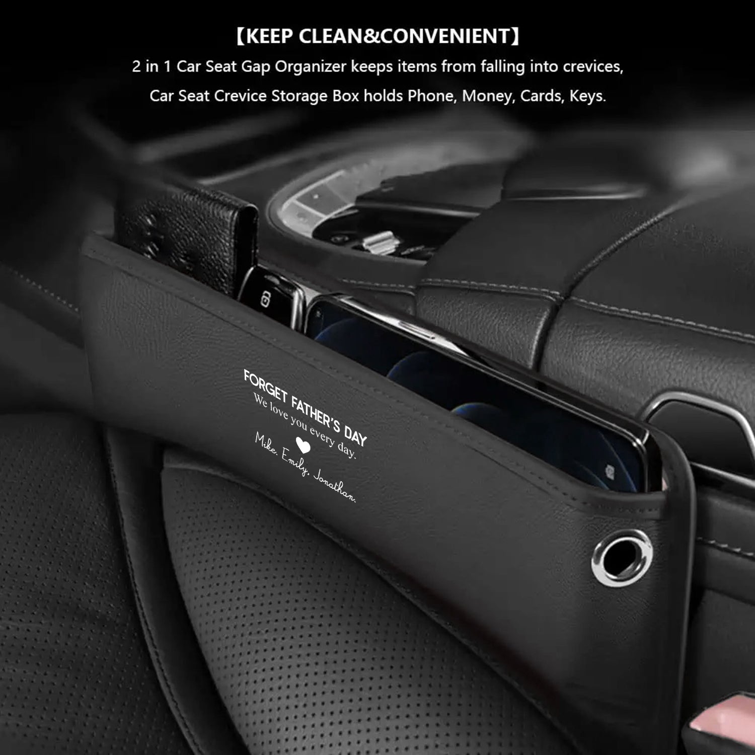 Personalized Car Seat Gap Filler Organizer, Happy Father's Day, Custom FIt For Your Cars, Multifunctional PU Leather Console Side Pocket Organizer for Cellphones, Cards, Wallets, Keys, Gift for Daddy - Delicate Leather